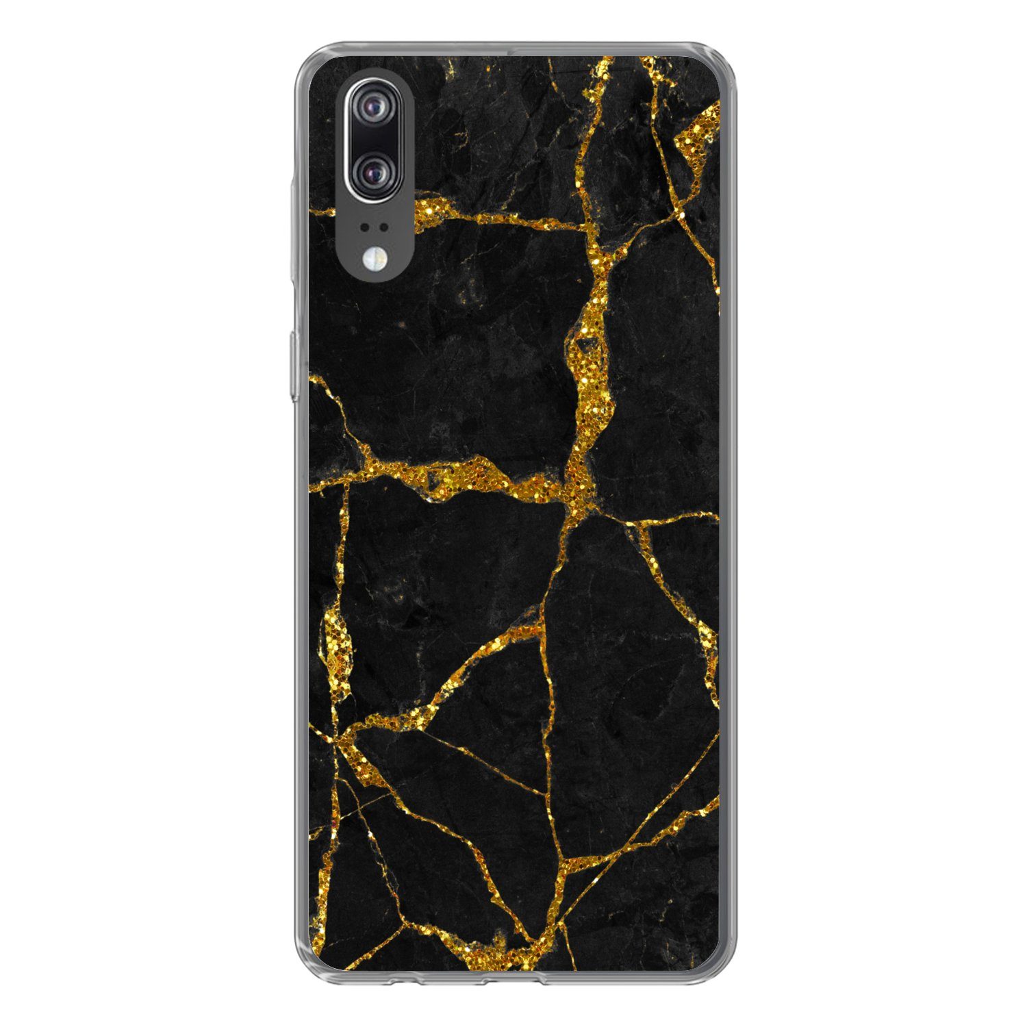 MuchoWow Handyhülle für Huawei P20 Marmor - Gold - Schwarz - Marmoroptik - Glitter, Handy Case, Silikon, Bumper Case Dünn