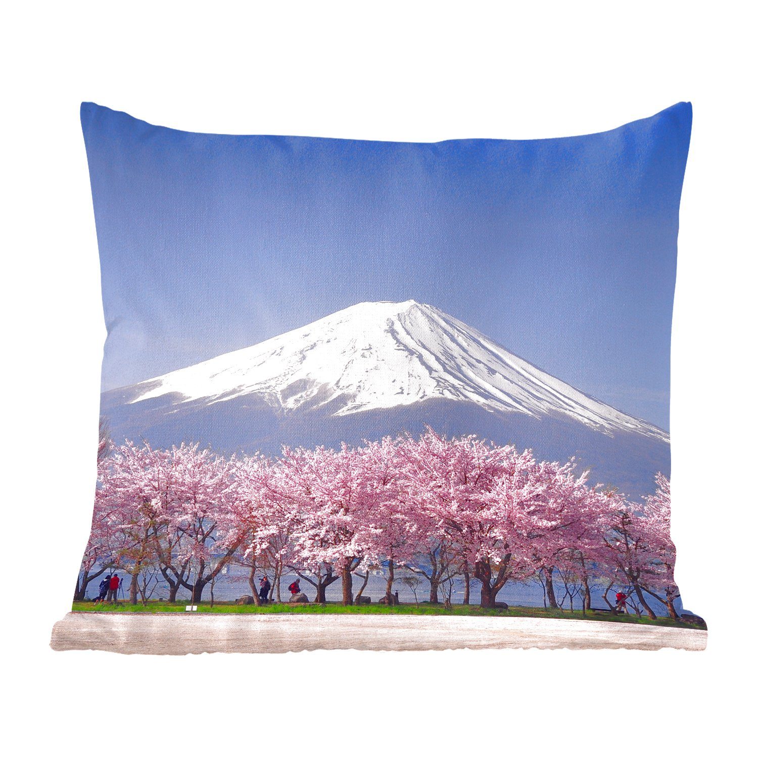 MuchoWow Dekokissen Fuji in Asien mit Kirschblüten im Vordergrund, Zierkissen mit Füllung für Wohzimmer, Schlafzimmer, Deko, Sofakissen