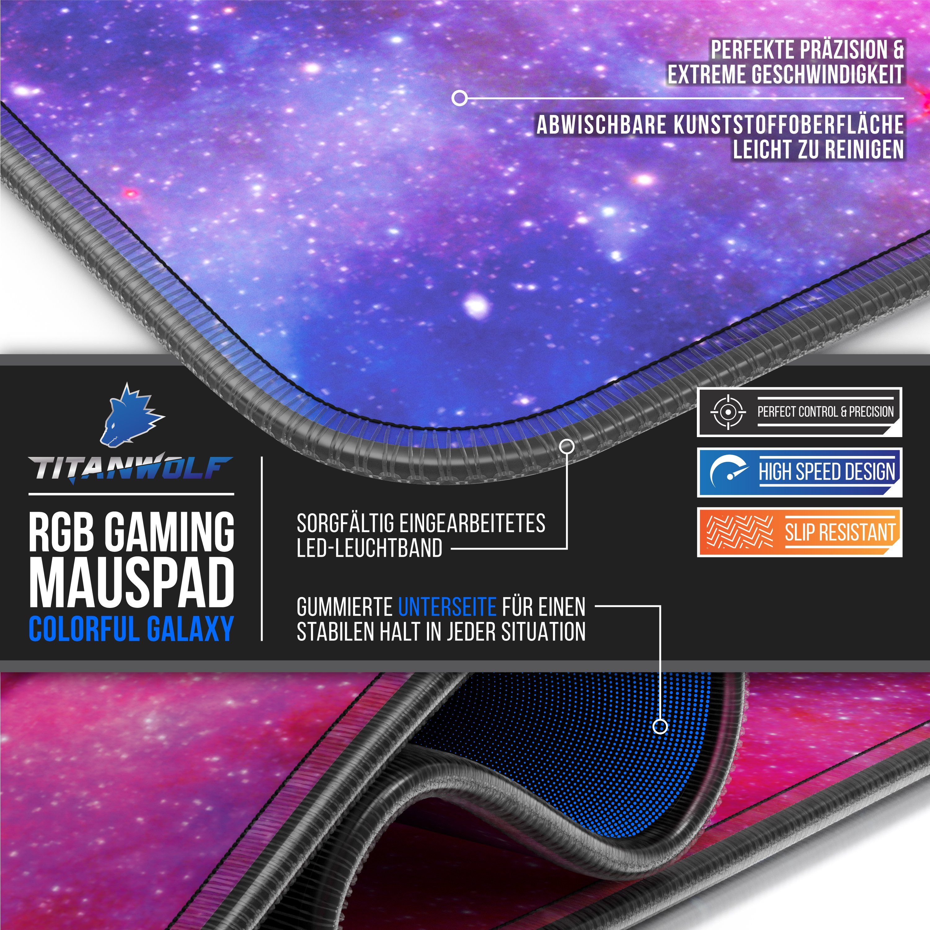 Titanwolf Gaming Mauspad RGB Mousepad 800 x 300 x 3 mm, LED Multi Color XL Tischunterlage, rutschfest, abwaschbar, Geschwindigkeit & Präzision, Farbige Galaxie