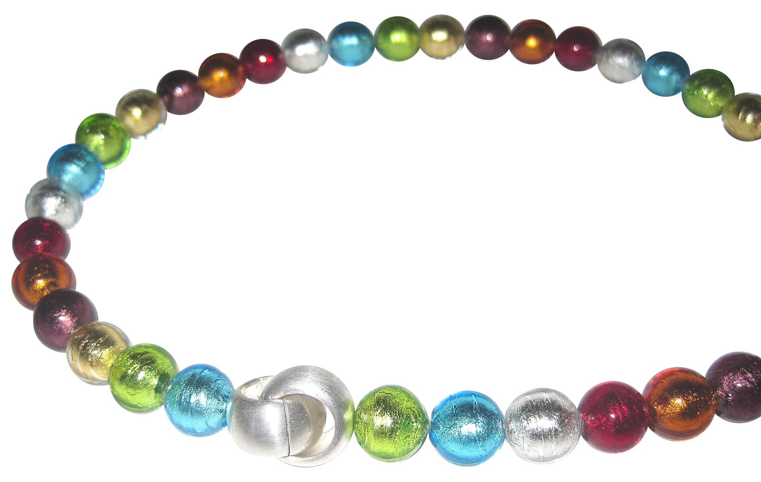 Mugello Perlenkette Murano Kette Bunt Sterlingsilber aufflällig knallig, Muranoglas mit eingearbeitetem Blattgold, Schließe Goldschmiedearbeit