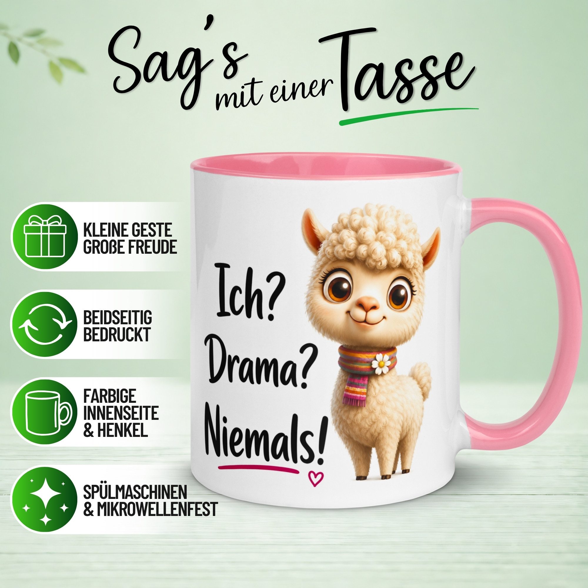 Momentals Tasse Alpaka – „Ich? Drama? Niemals!“ – lustiger Geschenk Becher, Gratis Versand · Links-&Rechtshänder · Spülmaschinenfest