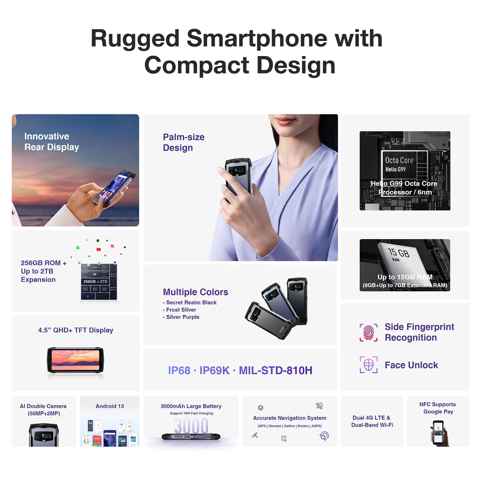 DOOGEE SMINI, 4.5 Zoll, 15 GB+256 GB, 3000 mAh, Outdoor Smartphone (4,5 Zoll, 256 GB Speicherplatz, 50 MP Kamera, NFC unterstütz, 8 +7 GB erweiterter)