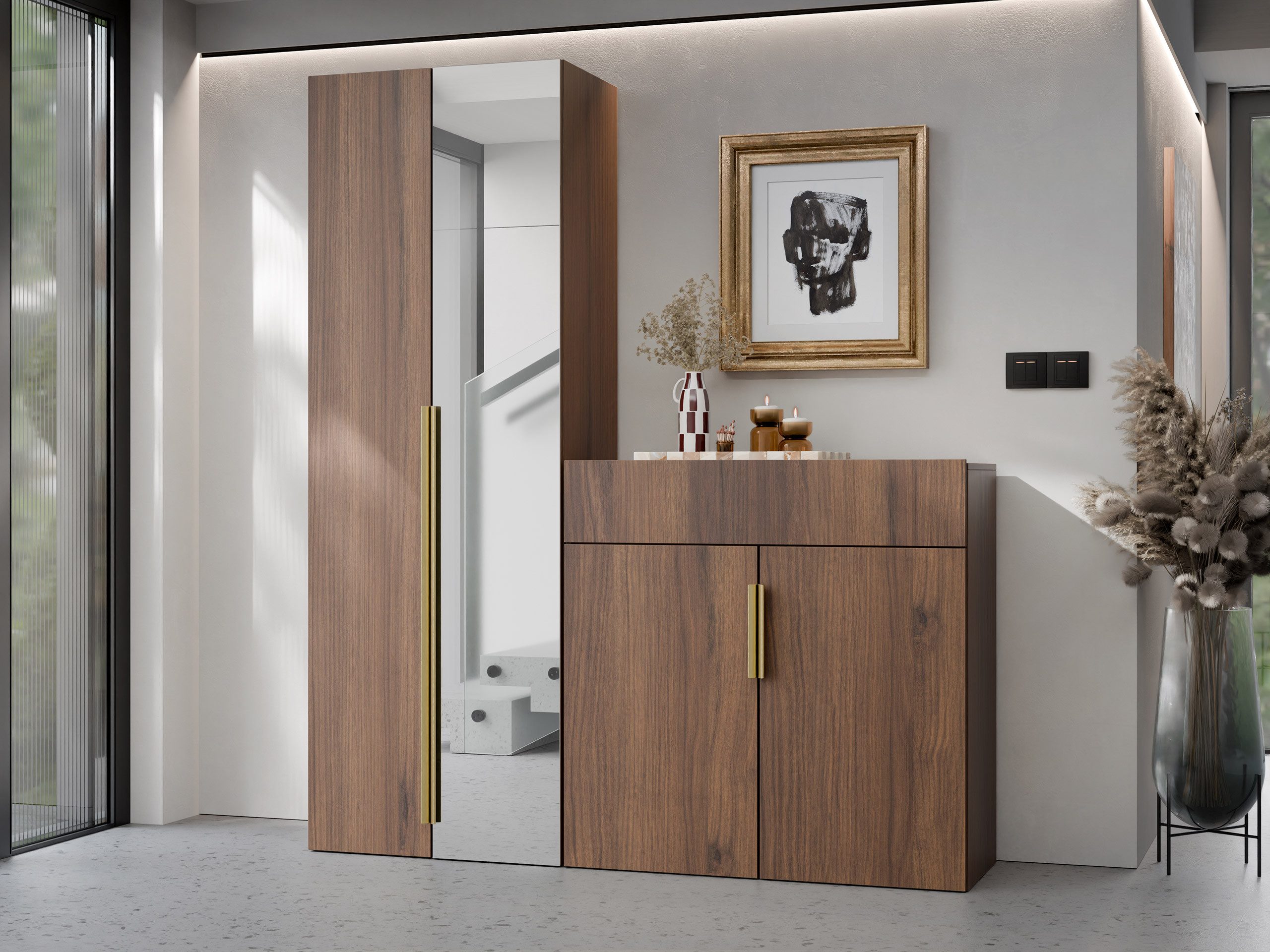 MIRJAN24 Garderoben-Set Kerkin II, (2er-Set, Kleiderschrank, Kommode), Frontspiegel, Metallgriffe in der Farbe Gold