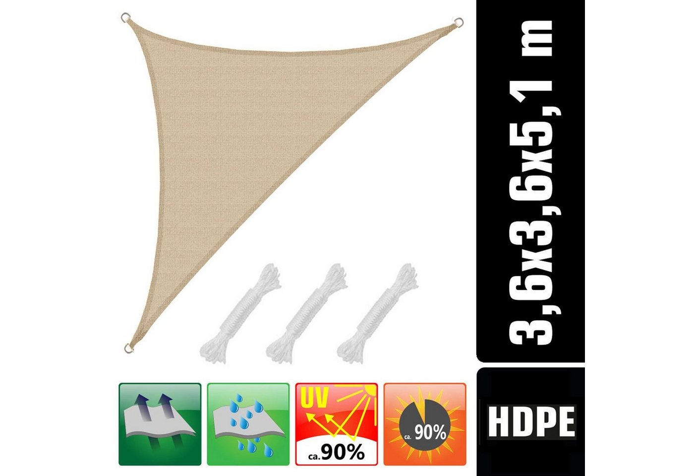 Thumbnail - AMANKA Sonnensegel mit UV Schutz - 5,1 x 3,6 x 3,6 Winddurchlässig für Garten & Terrasse, Wasserdurchlässiges HDPE Sonne...