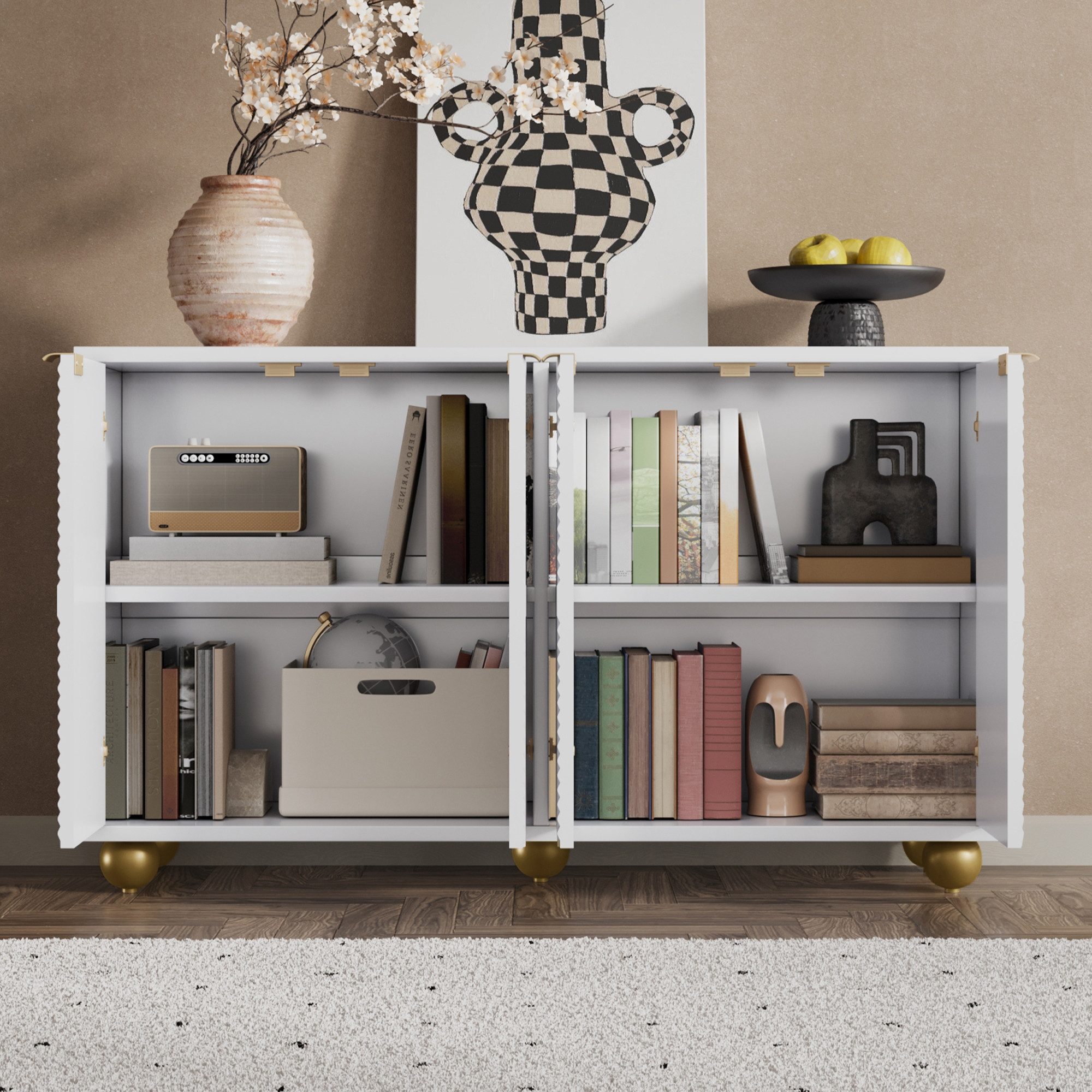 Merax Sideboard mit goldenen Metallgriffen & Kugelfüßen (120 x 35 x 71,5 cm, 1 St), Kommode mit 4 Türen,verstellbaren Einlegeböden, goldenen Metallgriffen – Bild 2 von 5