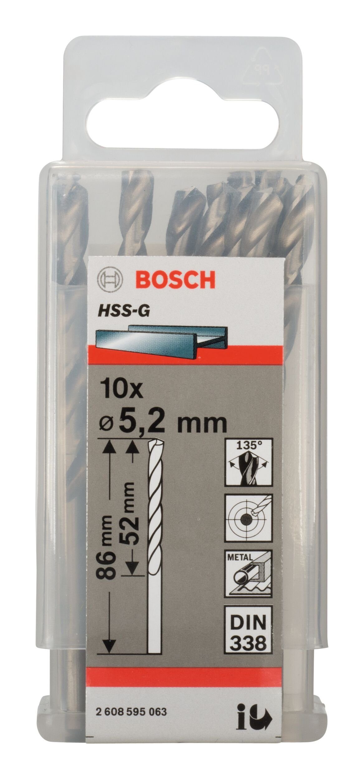 x 52 86 (10 10er-Pack BOSCH Metallbohrer, - HSS-G (DIN x 338) Stück), mm 5,2 -