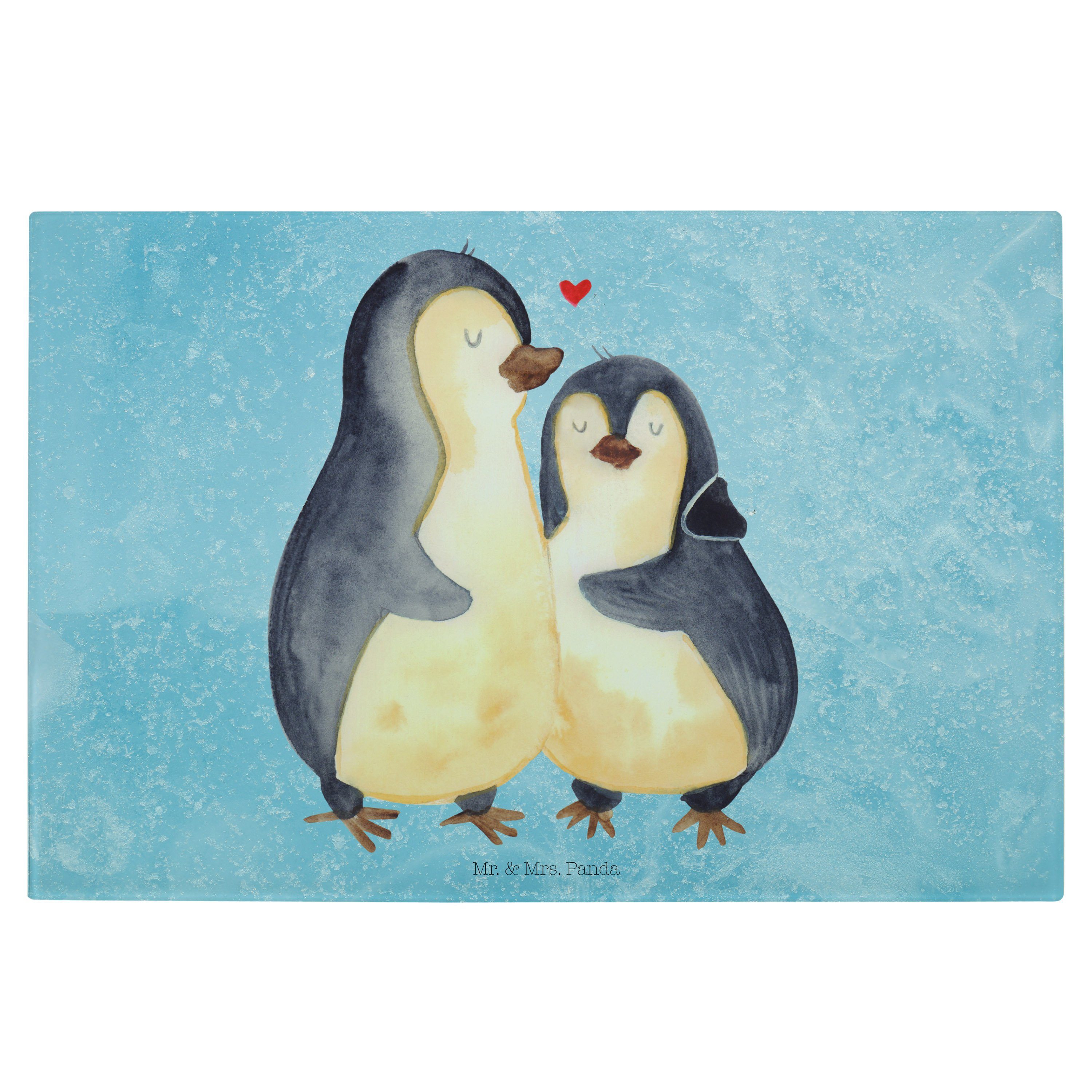 Liebe, Eisblau - Glasschneidebrett, Glas, Servierbrett & Panda umarmend Mr. - Paar, (1-St) Pinguin Mrs. Geschenk, Premium