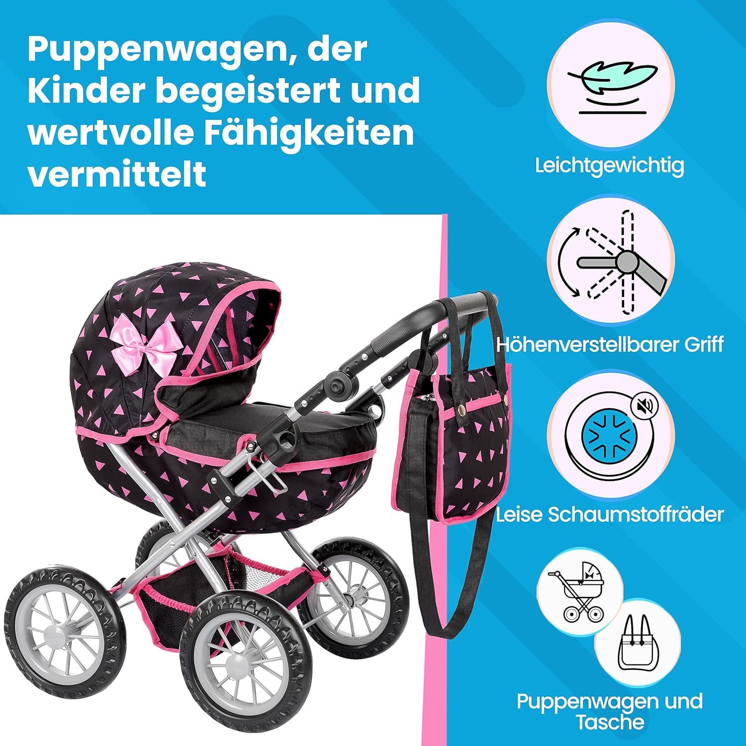 kinderplay Puppenwagen Puppenwagen mit Tasche – verstellbar – Spielspaß ab 3 Jahren