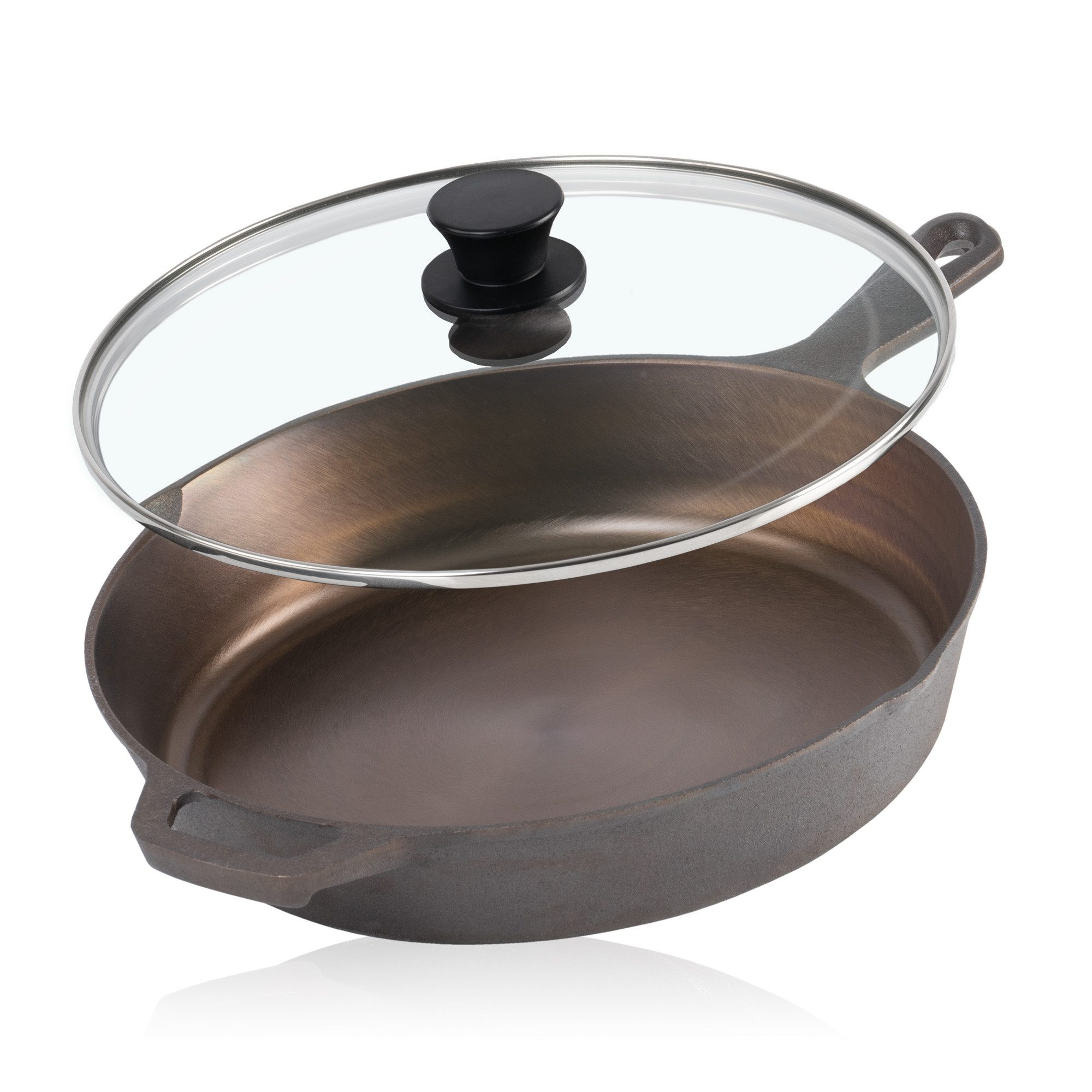 Mahlzeit Grillpfanne Polierte Gusseisenpfanne mit Deckel, Ø 25 cm, Bratpfanne, Gusspfanne, Gusseisen (2-tlg), zwei Ausgießer