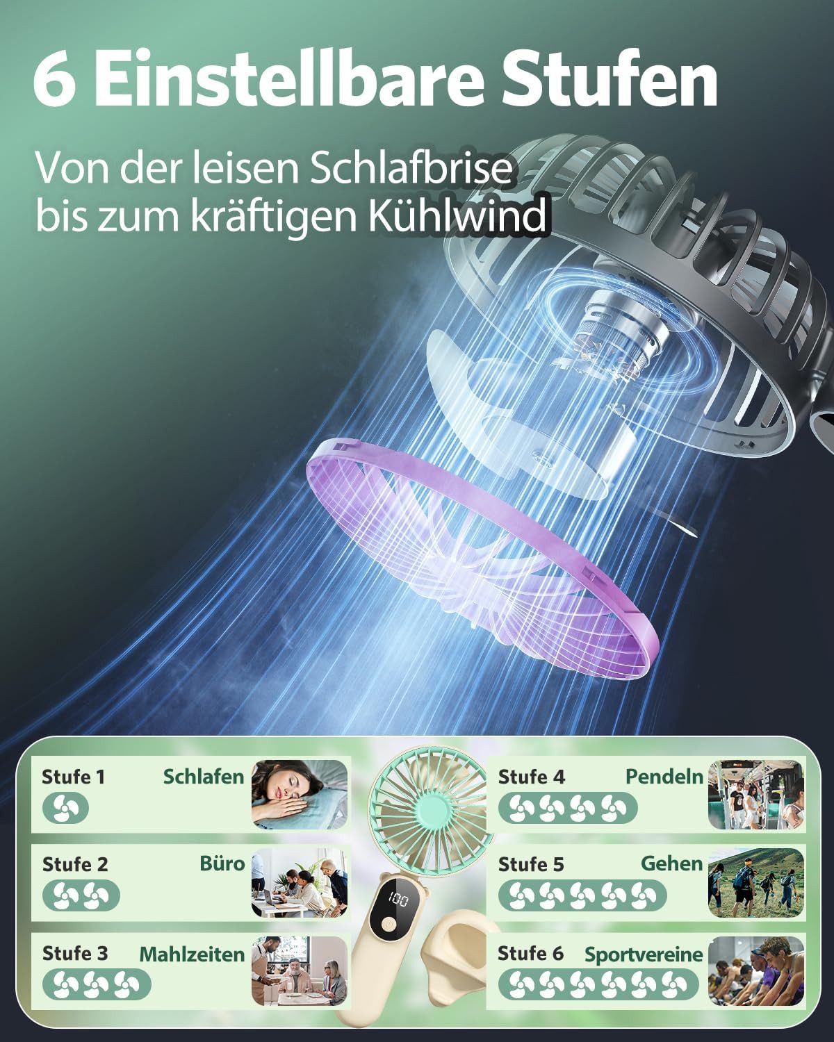 nsihing Handventilator Tragbarer Mini Ventilator mit 6 Geschwindigkeiten & LED-Anzeige