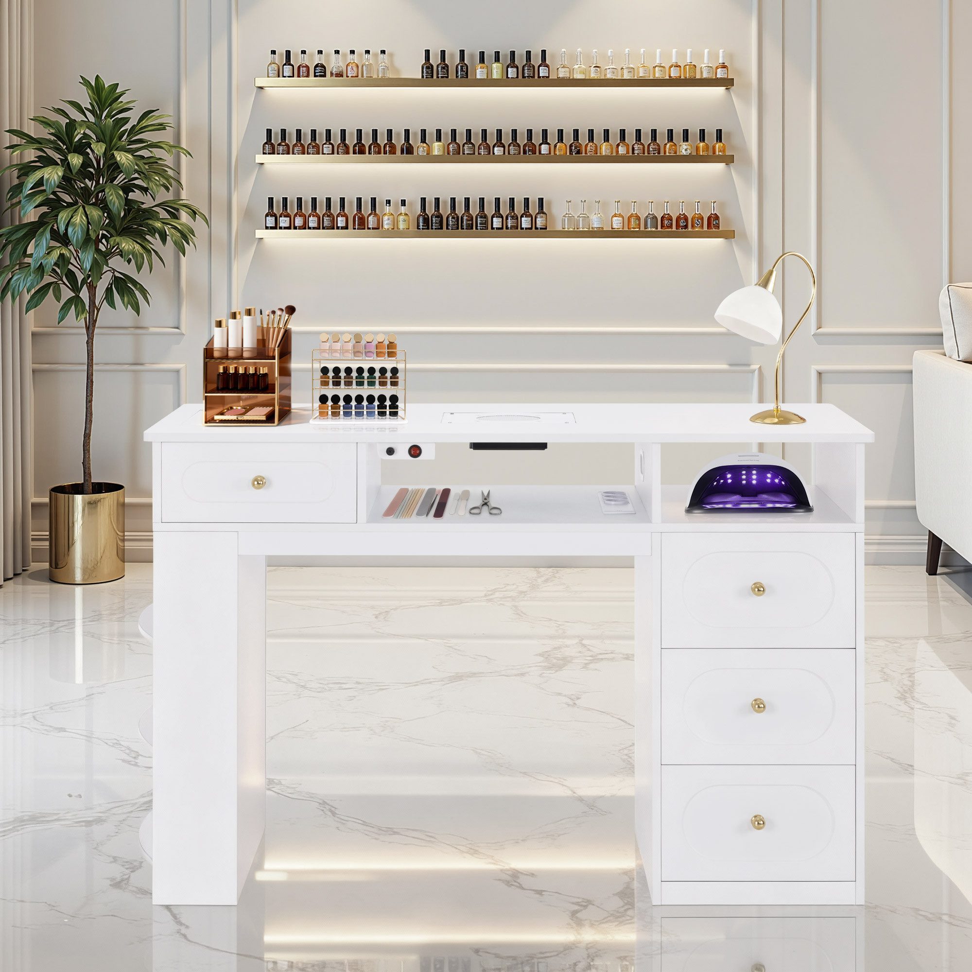 Barberpub Schreibtisch BarberPub Maniküretisch, Nageltisch mit Absaugung Weiß, 2442, mit 4 Schubladen, Regal, 2 Ablagen & Glasplatte, Holz