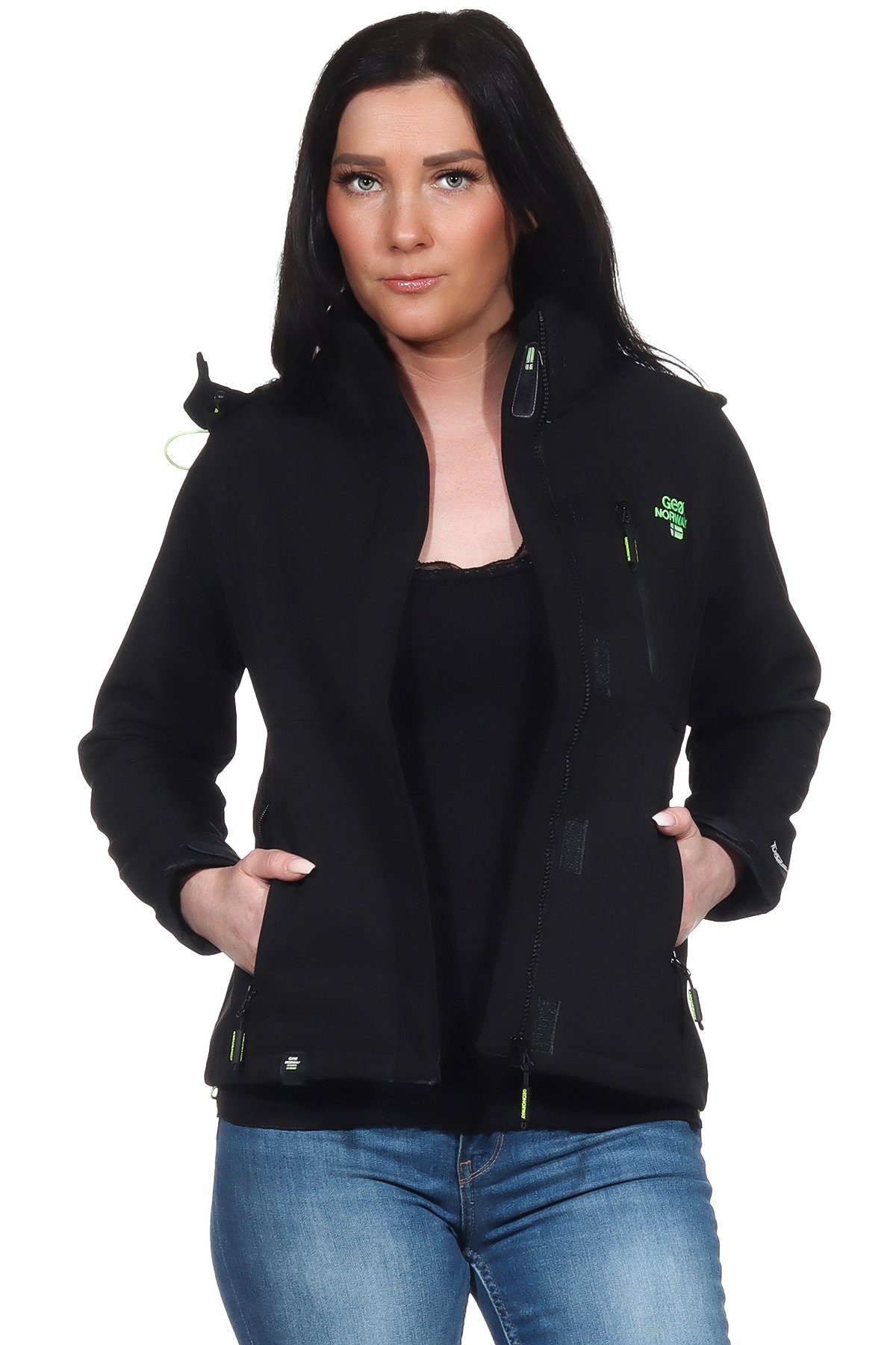 Geographical Norway Softshelljacke Damen Softshell Outdoor Wander Trekking Jacke in Unifarbe, mit abnehmbarer Kapuze, mit Stehkragen