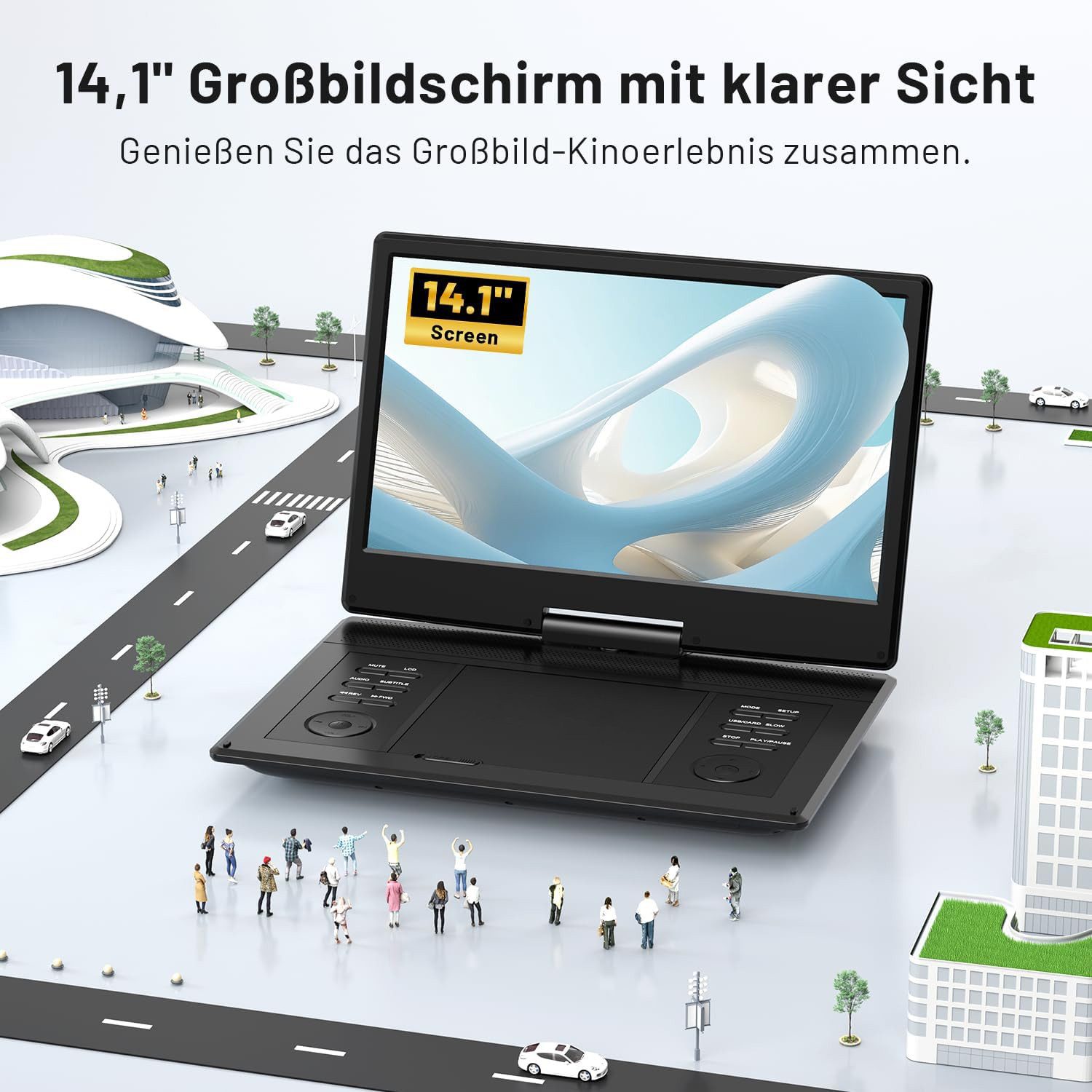 TWUFY 15,7" Tragbarer DVD-Player mit 14,1" HD-Schwenkdisplay Portabler DVD-Player (6 Stunden Wiederaufladbare Batterie, Unterstützung für USB/TF-Karte/AV-Übertragung, Sync TV/Projektor Bildschirm, Unterstützt Mehrere Formate/SD/USB, TV/Beamer-Anschluss)