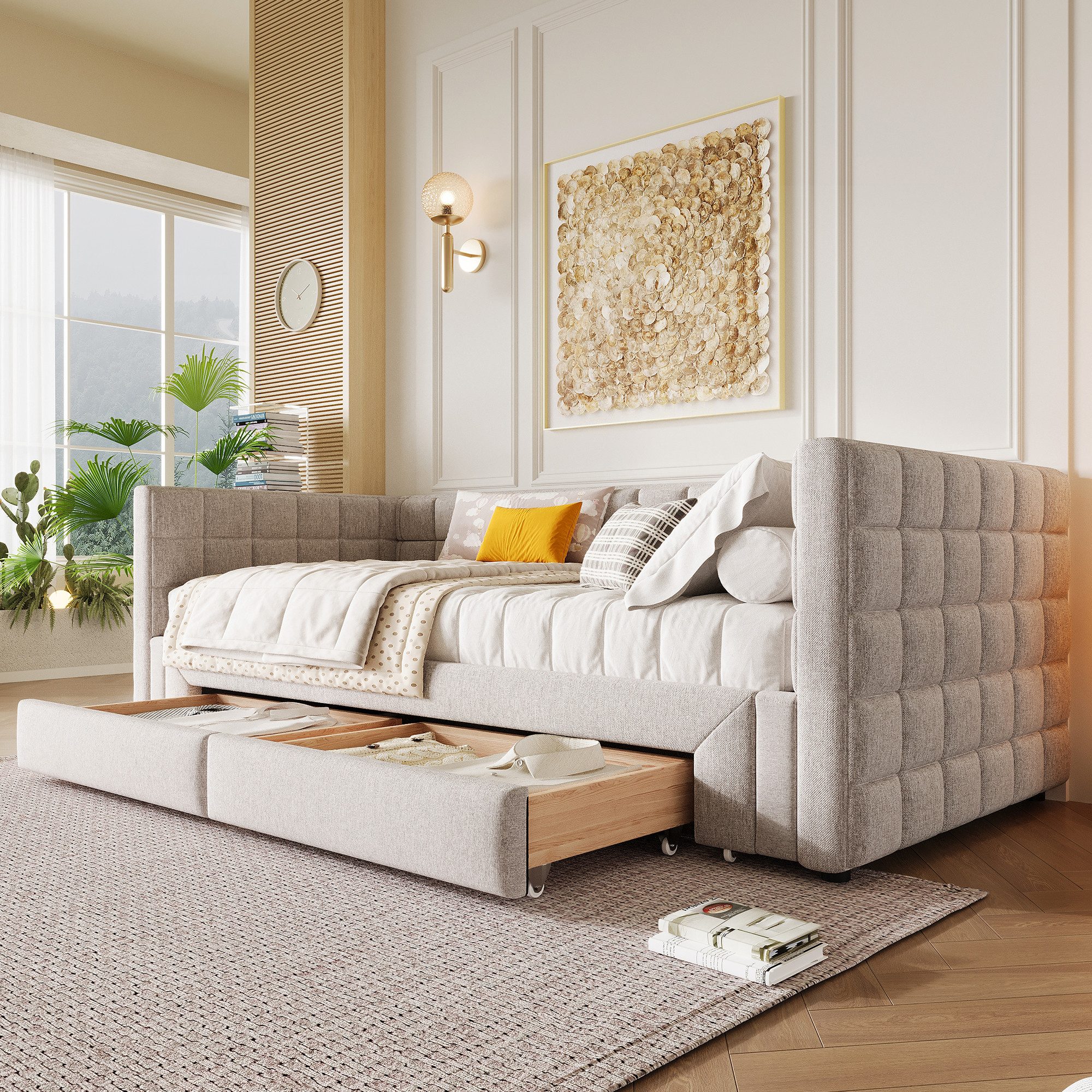 HAUSS SPOLE Schlafsofa 90/180x200cm mit Rückenlehne, ausziehbares Bett, 2 Schubladen, Beige, Luxuriöses Samt Daybett 90x200 cm, ausziehbar auf 180 cm mit quadratischer Rückenlehne und 2 Schubladen., ohne Matratze