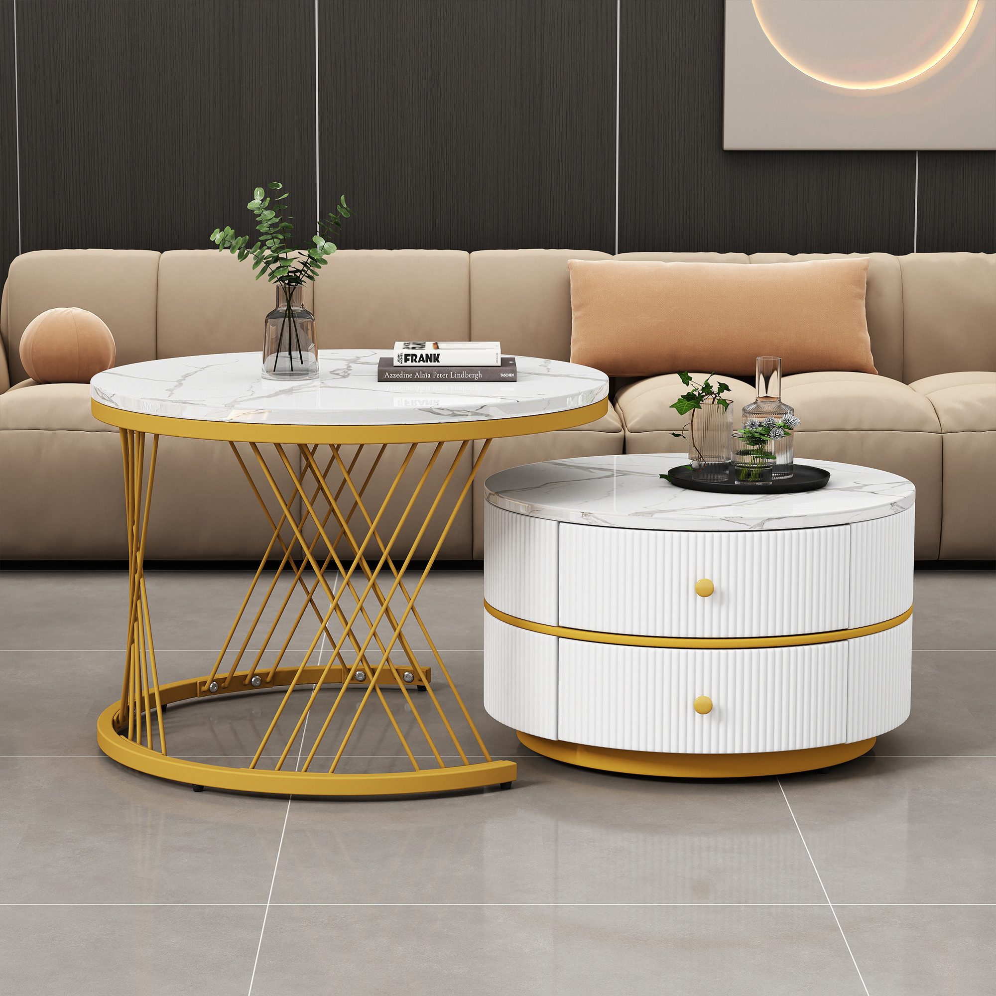 IDEASY Couchtisch 2-teiliges, weiß+gold in Nestform, 60*60*46cm & 50*50*30.8cm, (runde Tische mit hochglänzender Marmoroptik, 2 Schubladen), bis 30kg belastbar,Nesting-Kombination Couchtisch