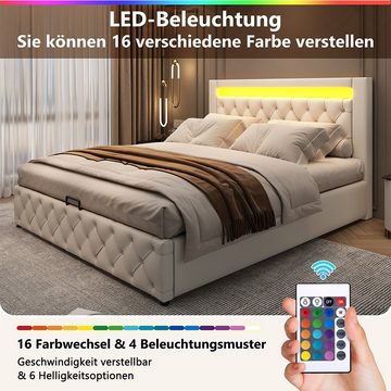 Ulife Polsterbett Doppelbett mit Bettkasten & LED-Beleuchtung, 140 x 200 cm (Bett), PU-Bezug