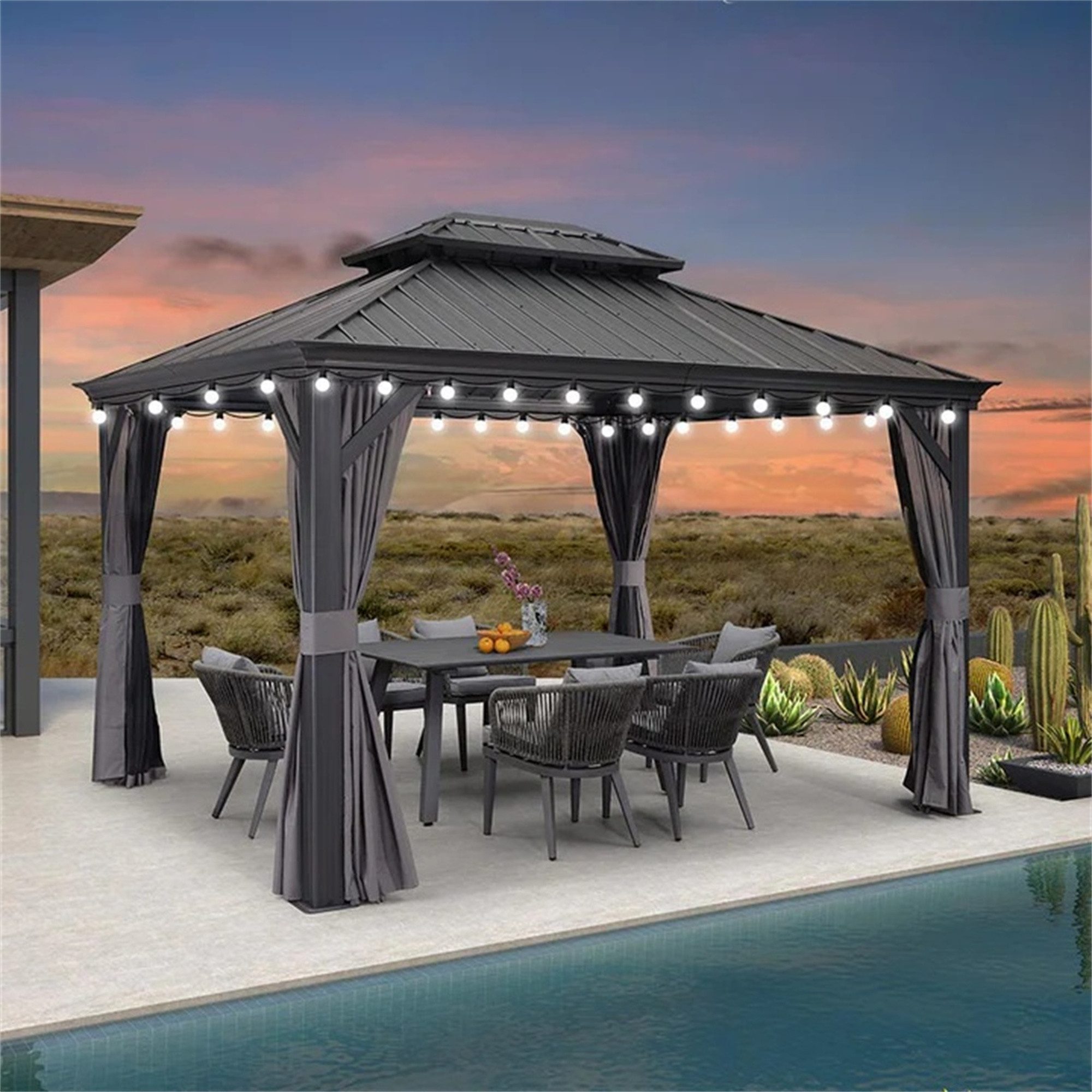 PURPLE LEAF Pavillon Hardtop Aluminium Gartenpavillon mit LED-Lichtern und Seitenteilen