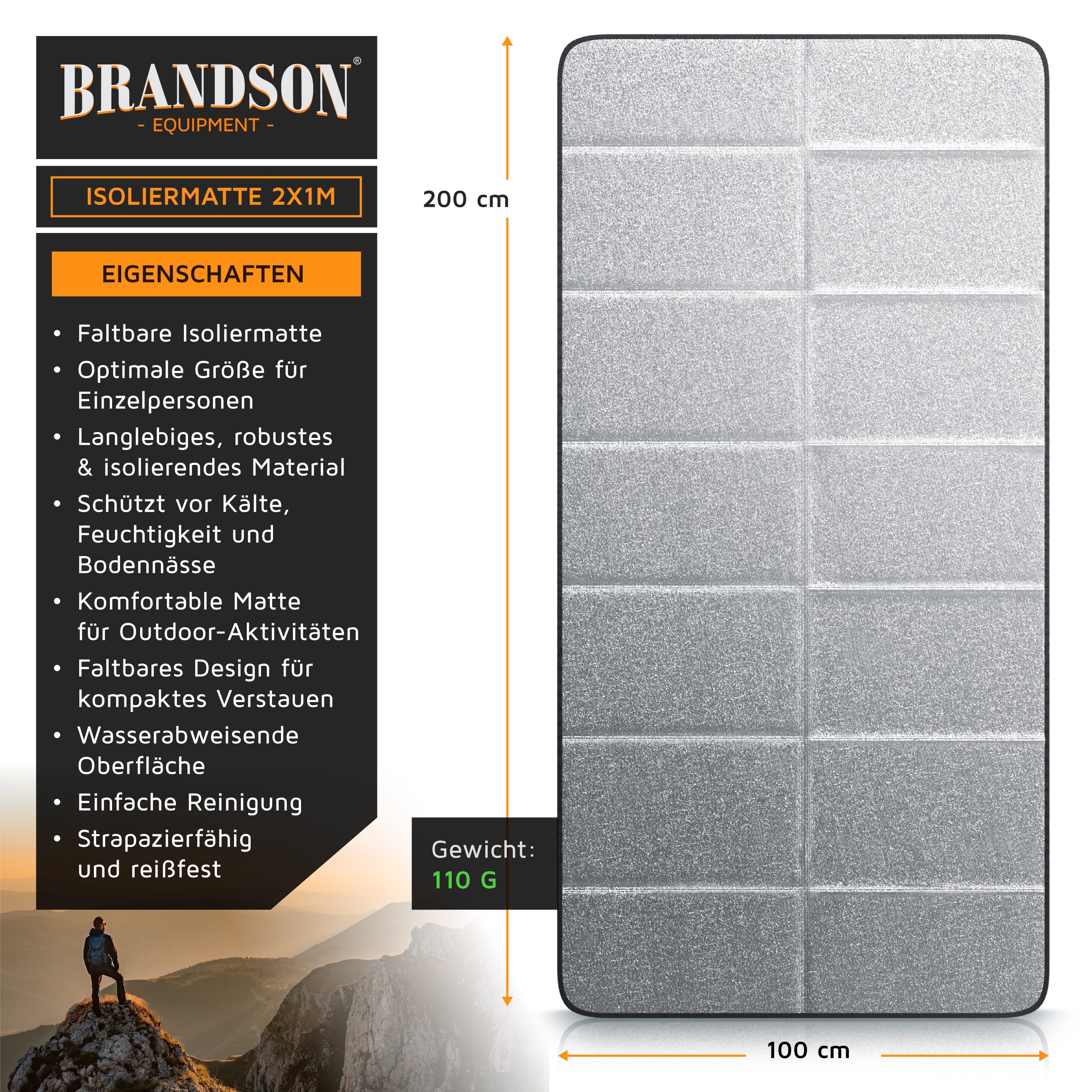 Brandson Isomatte faltbare Isoliermatte, Campingmatte, outdoor, wasserabweisend, (1-tlg), ultraleicht, Aluminium, EPE-Schaum, pflegeleicht, 2x1 m, 200x100 cm