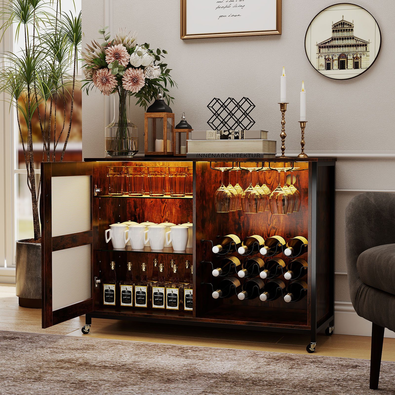 COSTWAY Weinschrank mit LED Küchenschrank mit Rollen& verstellbarem Regal 108cm