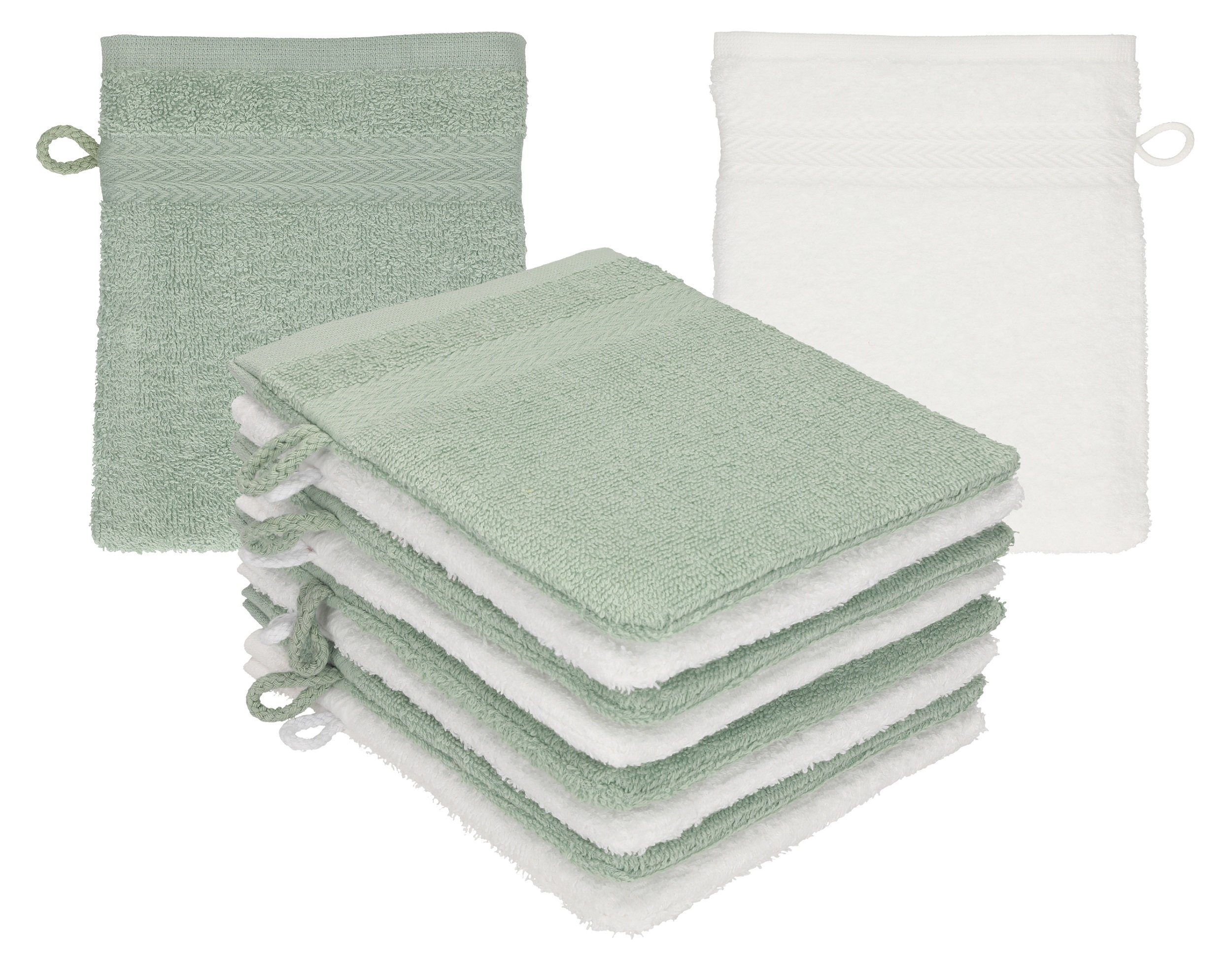 Betz Waschhandschuh 10 Stück Waschhandschuhe Waschlappen Set Premium 100% Baumwolle 16x21 cm Farbe heugrün - weiß (10-tlg)