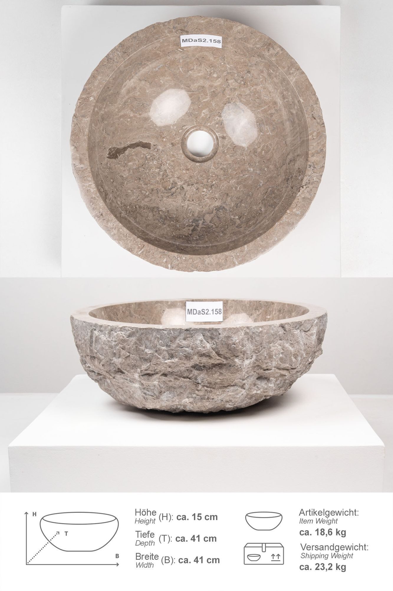 wohnfreuden Aufsatzwaschbecken Erosi Marmor Waschbecken 40 cm grau (Kein Set), 125883_MDaS2.158