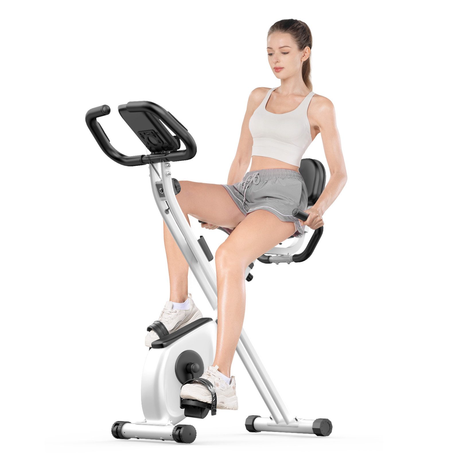 Gywowken Heimtrainer Fahrrad Klappbar für Zuhause, 4-in-1 faltbarer Heimtrainer (LCD-Display, Handpulssensoren, Integrierte Transporträder), mit 8 Stufen verstellbarem Magnetwiderstand, klappbarer Heimtrainer