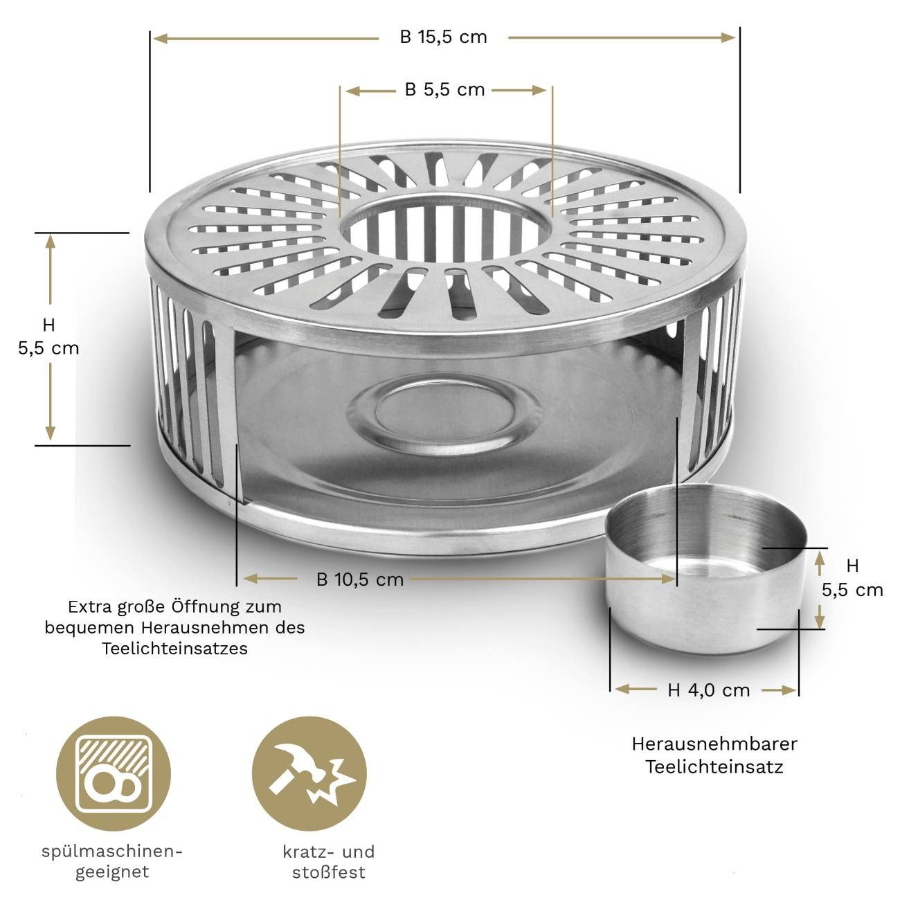 Creano Stövchen Stövchen “Stripes” Silver aus Edelstahl, (2-tlg), Teewärmer aus Edelstahl, stabil, sämtliche Teekannen geeignet – Bild 4 von 5