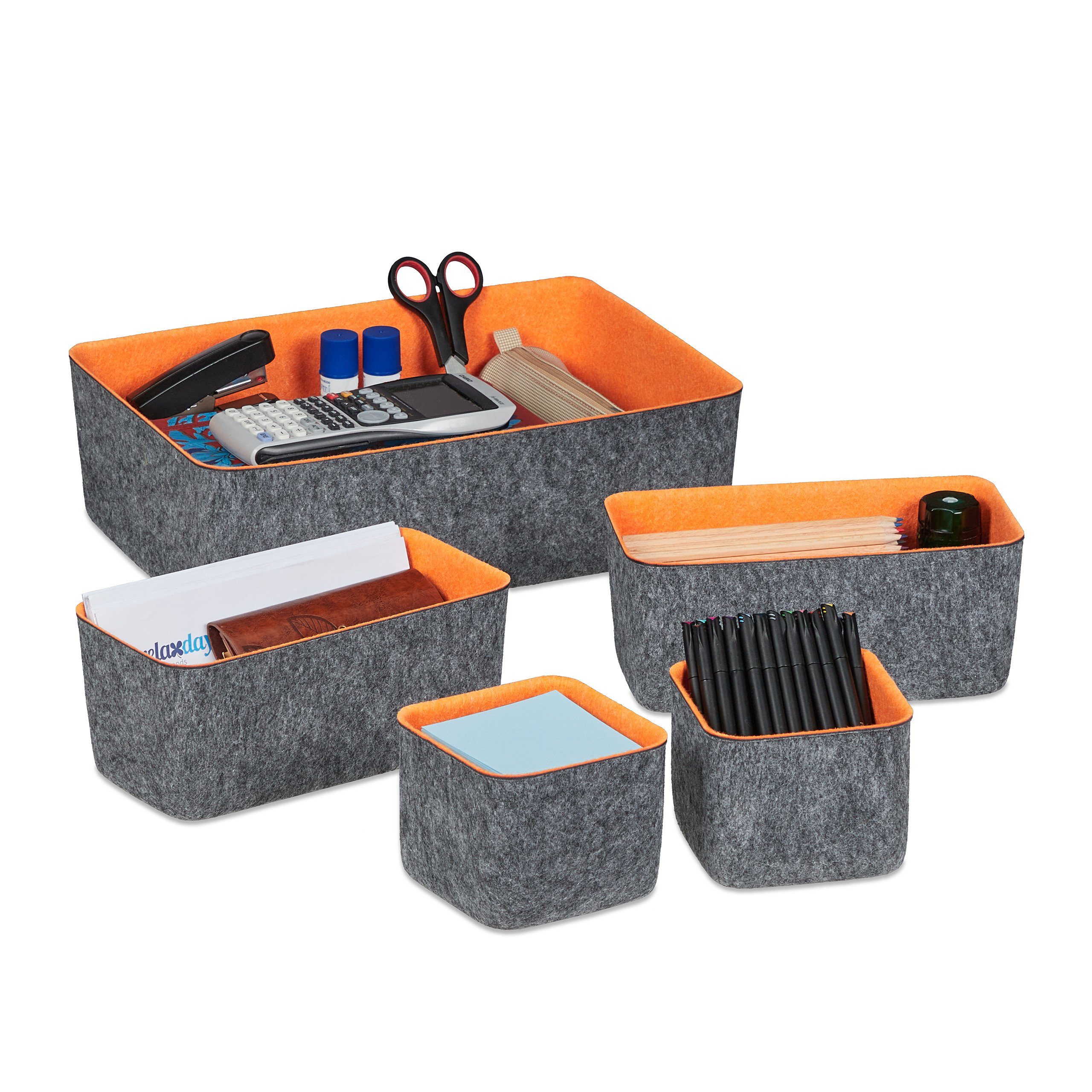 relaxdays Aufbewahrungskorb 5-teiliger Schubladen Organizer Filz, Korb