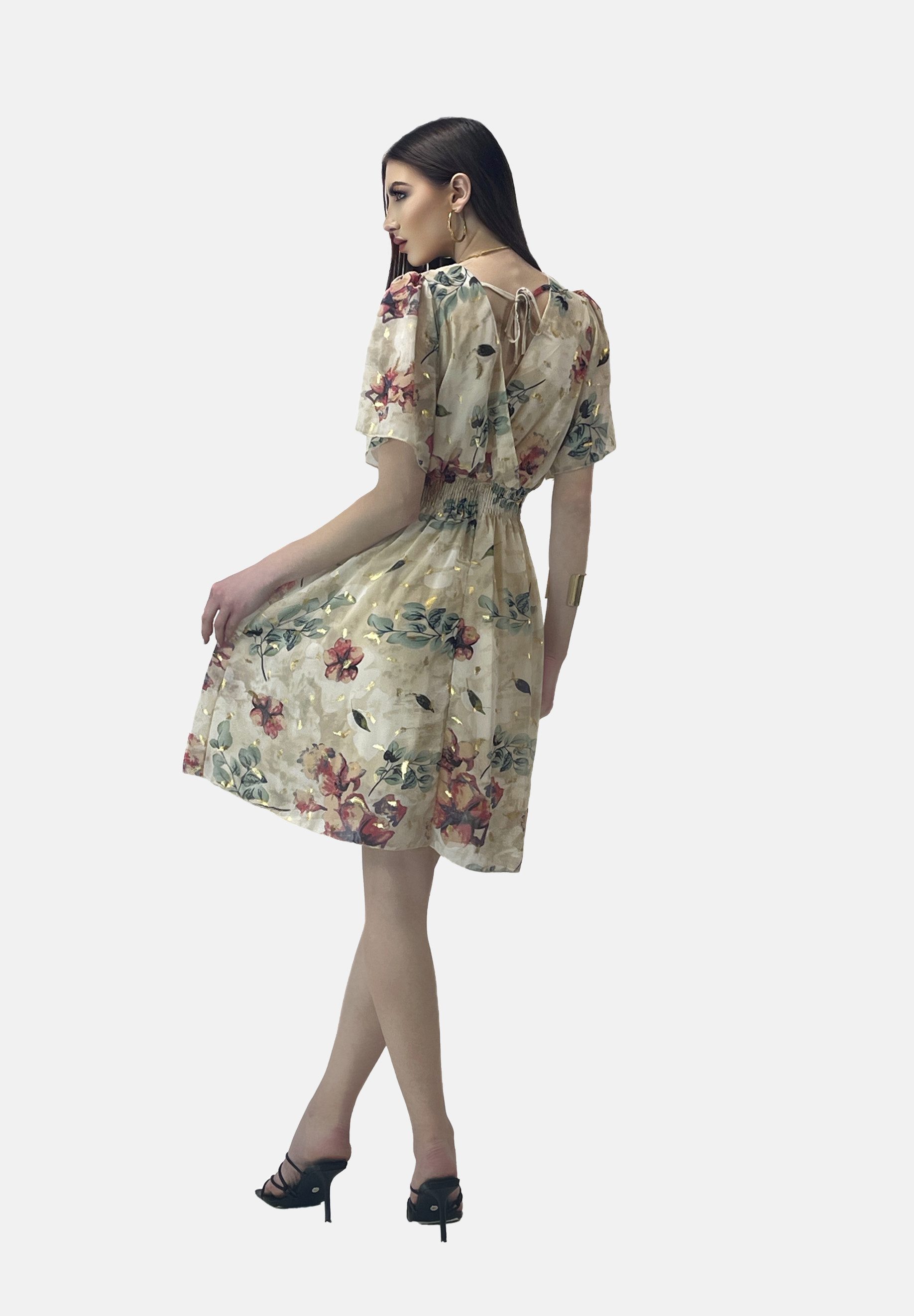 Elara Sommerkleid Damen Chiffon Sommerkleid mit Blumenmuster – Wickelkleid mit Muster