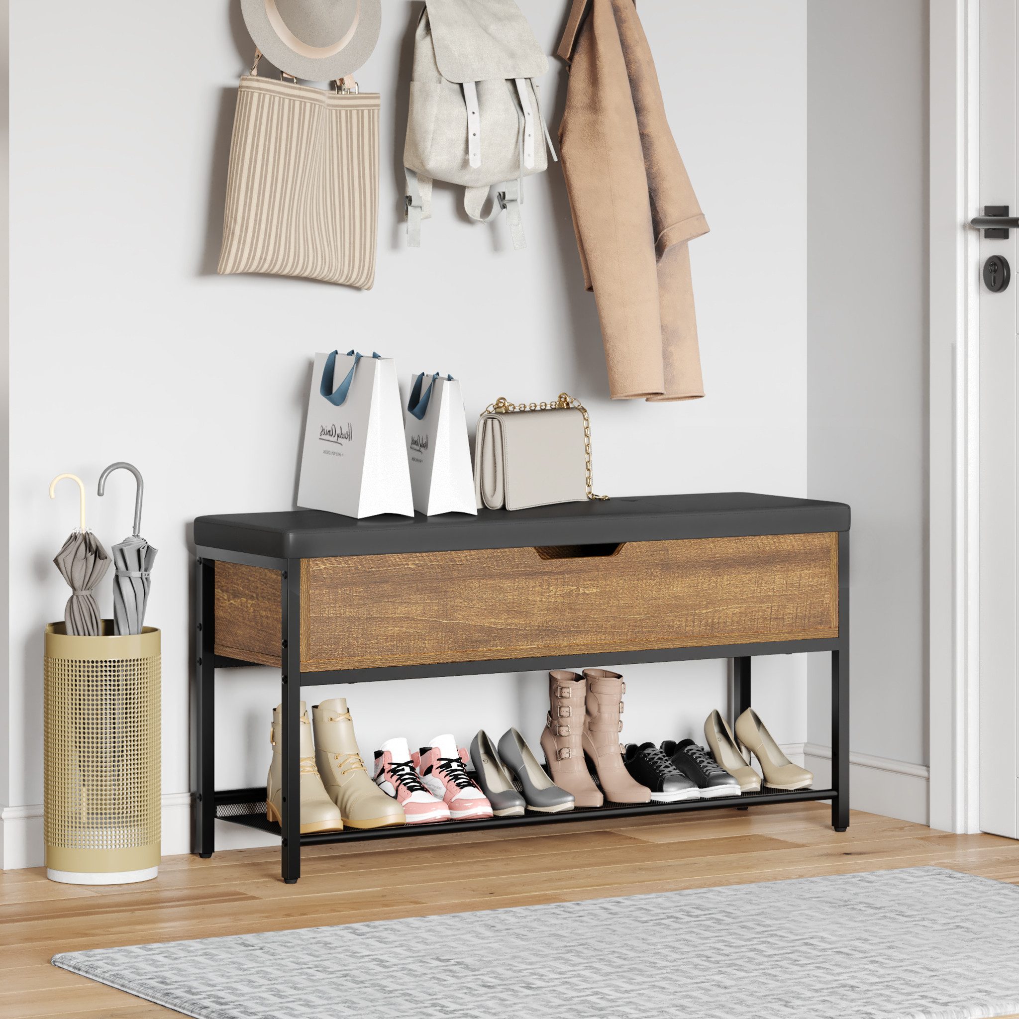 Mondeer Schuhbank Aufbewahrungsbank (2 Etagen), mit Verstellbarem Regal, mit gepolstertem Sitz und verdeckter Lagerung