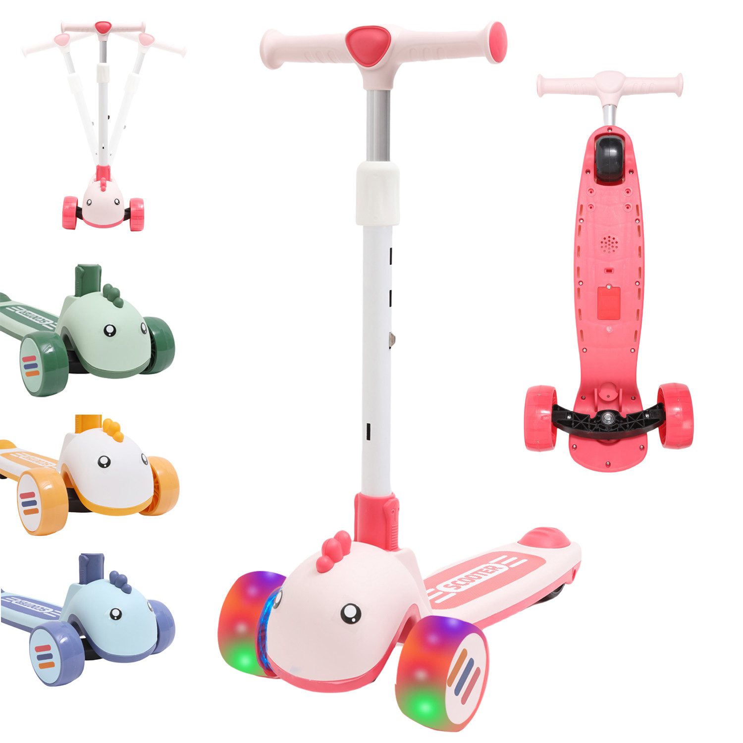 Habib Gruppe Dreiradscooter Kinderroller mit Tier-Design, 3-Rad, LED-Licht & Faltbar