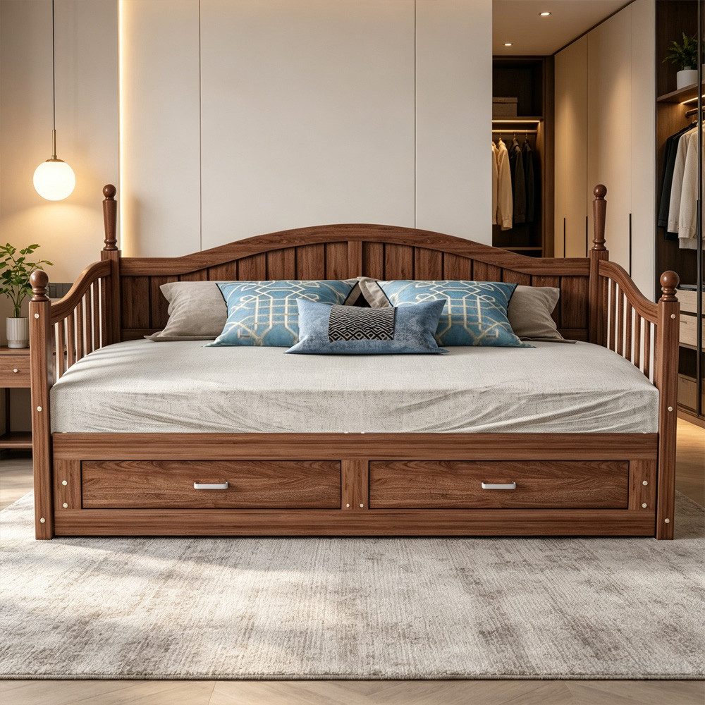 MODFU Schlafsofa Multifunktionales Zwei-in-Eins-Tagesbett, Ausziehbares Schlafsofa aus Massivholz 90x190cm bis 180x190cm – Mit eleganter römischer Säule, geschwungener Rückenlehne, Stauraum-Schubladen, stabiler Lattenrost, ohne Matratze