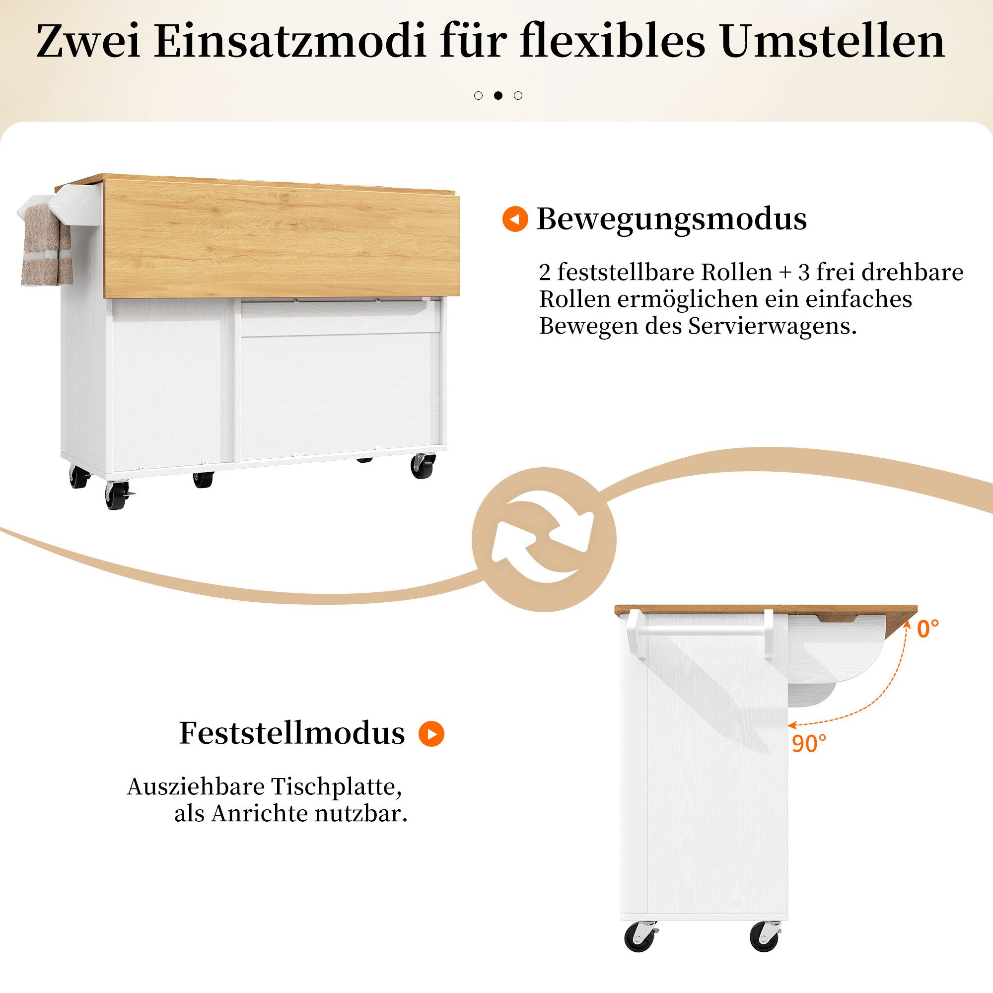 STILVORA Küchenwagen mit Arbeitsplatte,Kücheninsel Buffetschrank Ausziehbar mit Rollen, (mit Ausziehbarem Desktop, Handtuchhalter & 360° Rollen – Mobile Buffet-Lösung mit Gewürzregal)