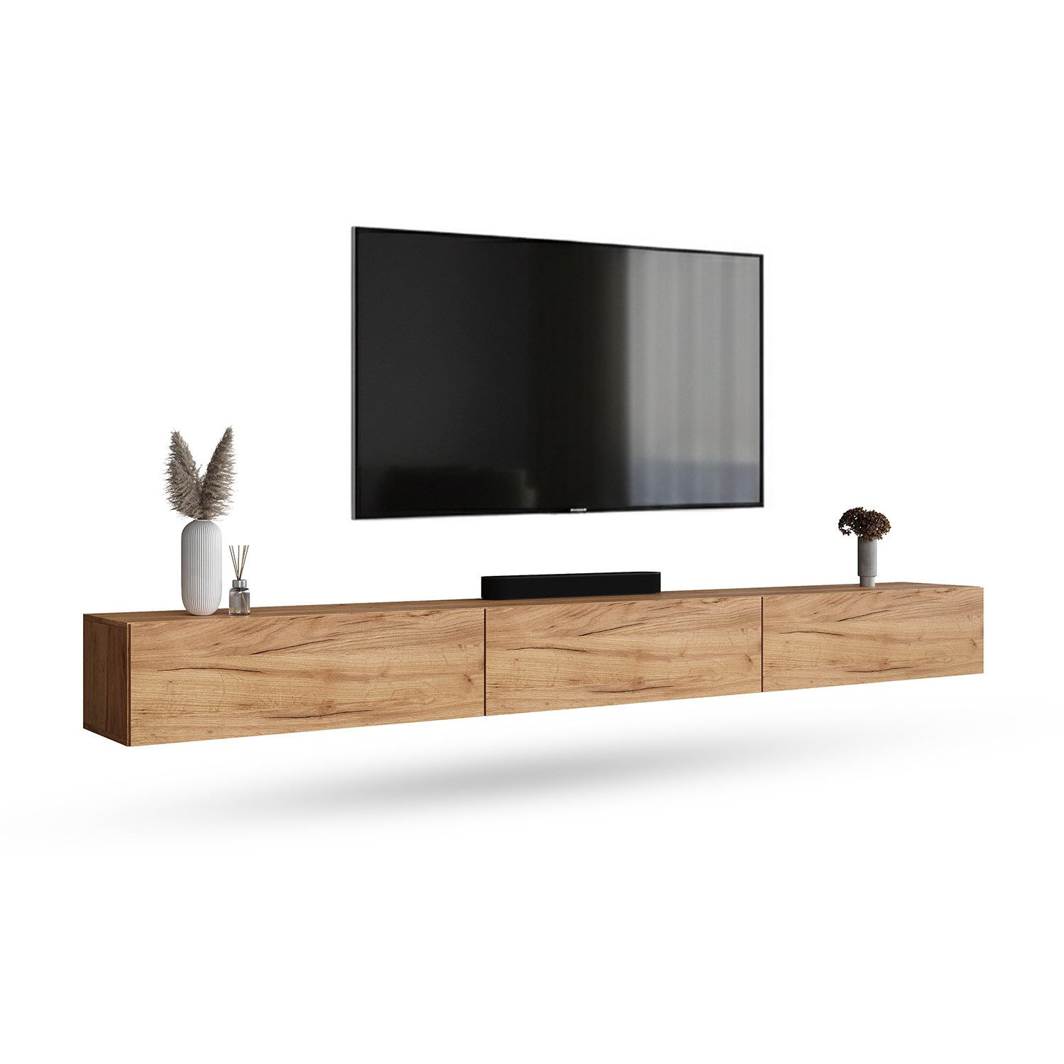 Planetmöbel TV-Schrank West TV-Board, Fernsehtisch 300 cm lang, TV-Lowboard (für Fernseher bis 85 Zoll, TV Schrank viel Stauraum, sideboard hängend, Fernsehschrank 3x 100 x 30 x 37,5 cm) gold eiche