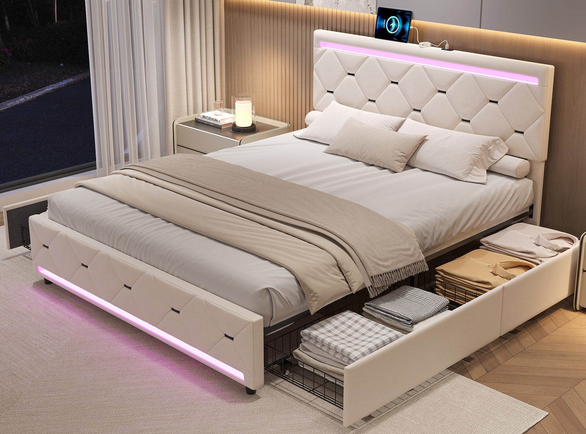 FUROKOY Stauraumbett Doppelbett Polsterbett mit Schubladen (Packung, 1-tlg., Mit Kopfteil und Lattenrost), 140x190 cm,Schubladen mit Rädern,Samt,Beige