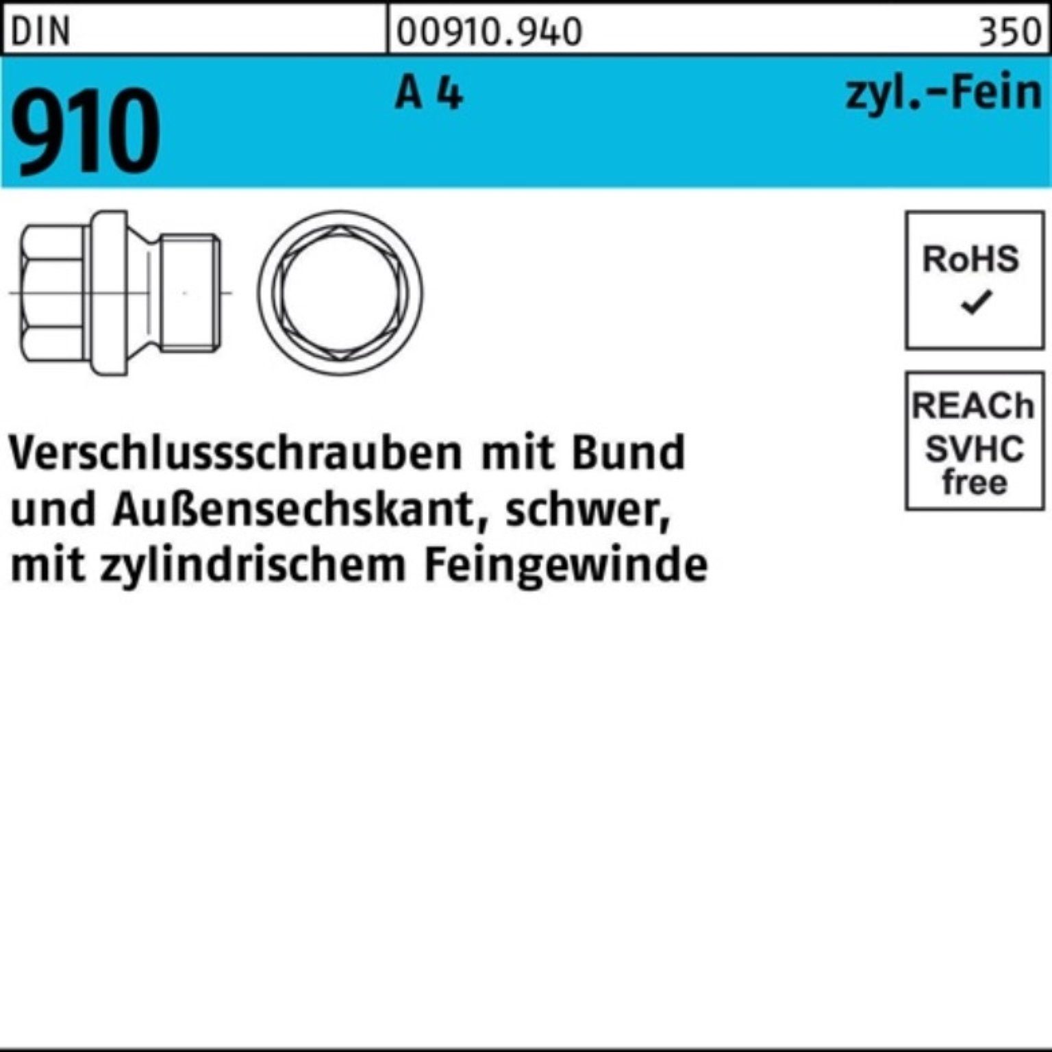 M20x 4 910 Verschlußschraube Bund/Außen-6-kt Schraube 1,5 100er DIN 1 Pack Reyher A