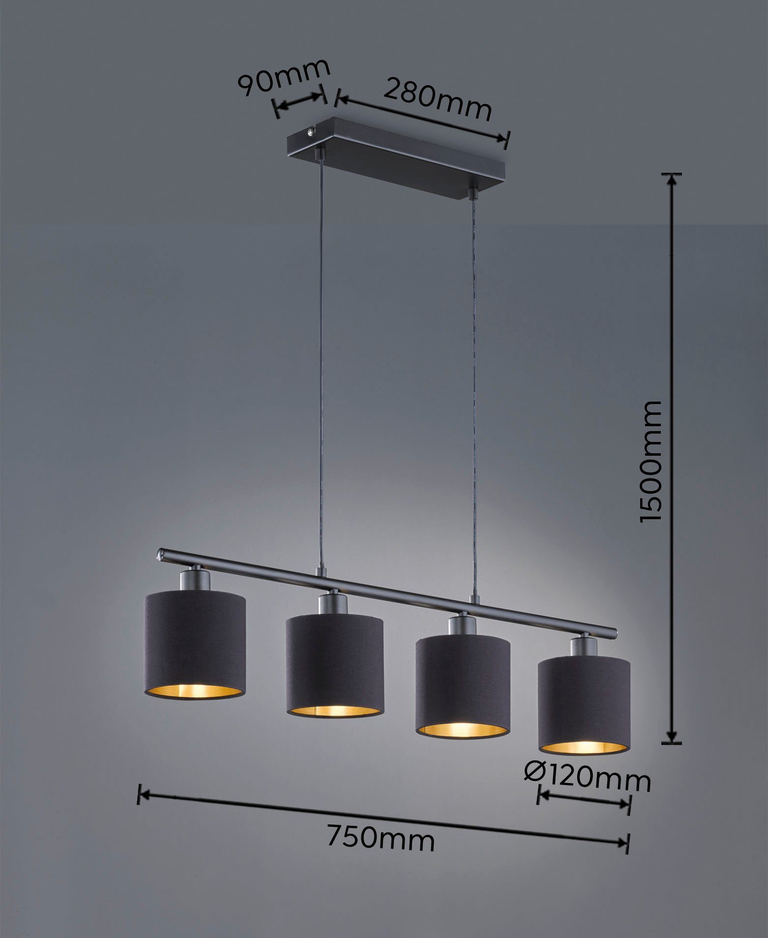 Leuchten Leuchtmittel TRIO E14 Hängelampe wechselbar, Optik 4-flammig, höhenverstellbar Pendelleuchte schwarz-gold Tommy, in