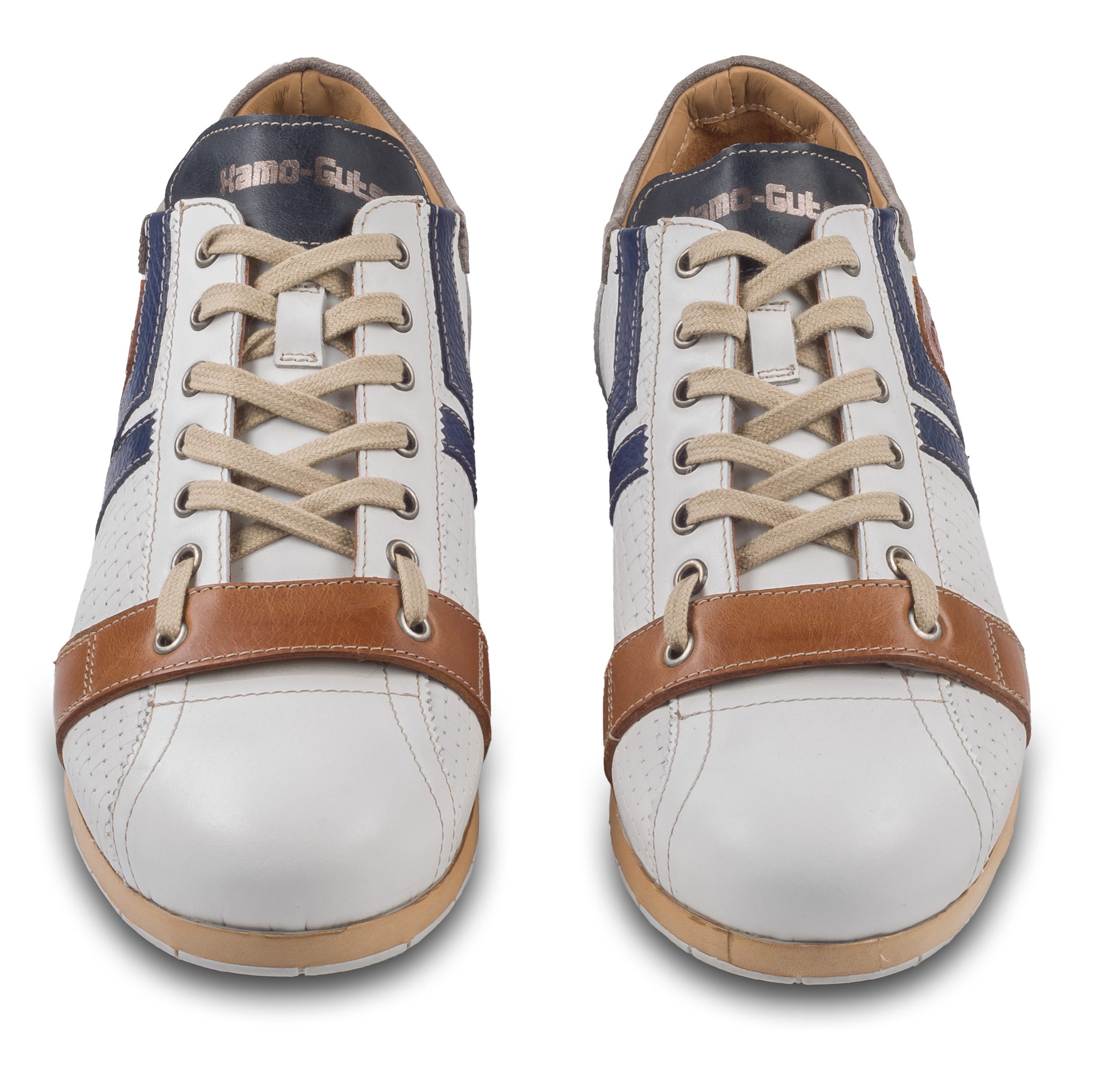 Kamo-Gutsu Herren Sneaker Leder weiß/braun/blau (TIFO-030 bianco), Flechtoptik Sneaker Handgefertig in Italien