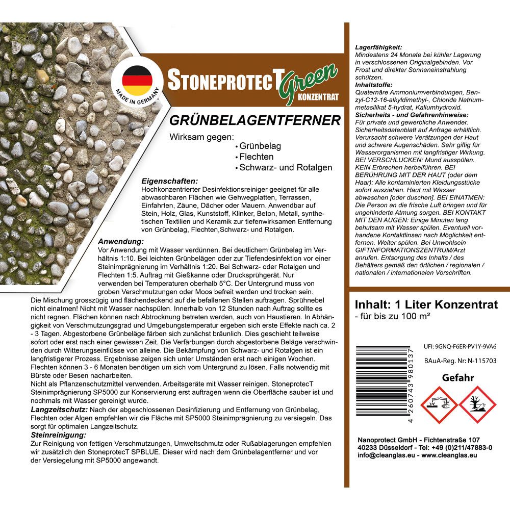 CleanglaS StoneprotecT SPGREEN Konzentrat - 1 Liter - Grünbelagentferner Grünbelagentferner
