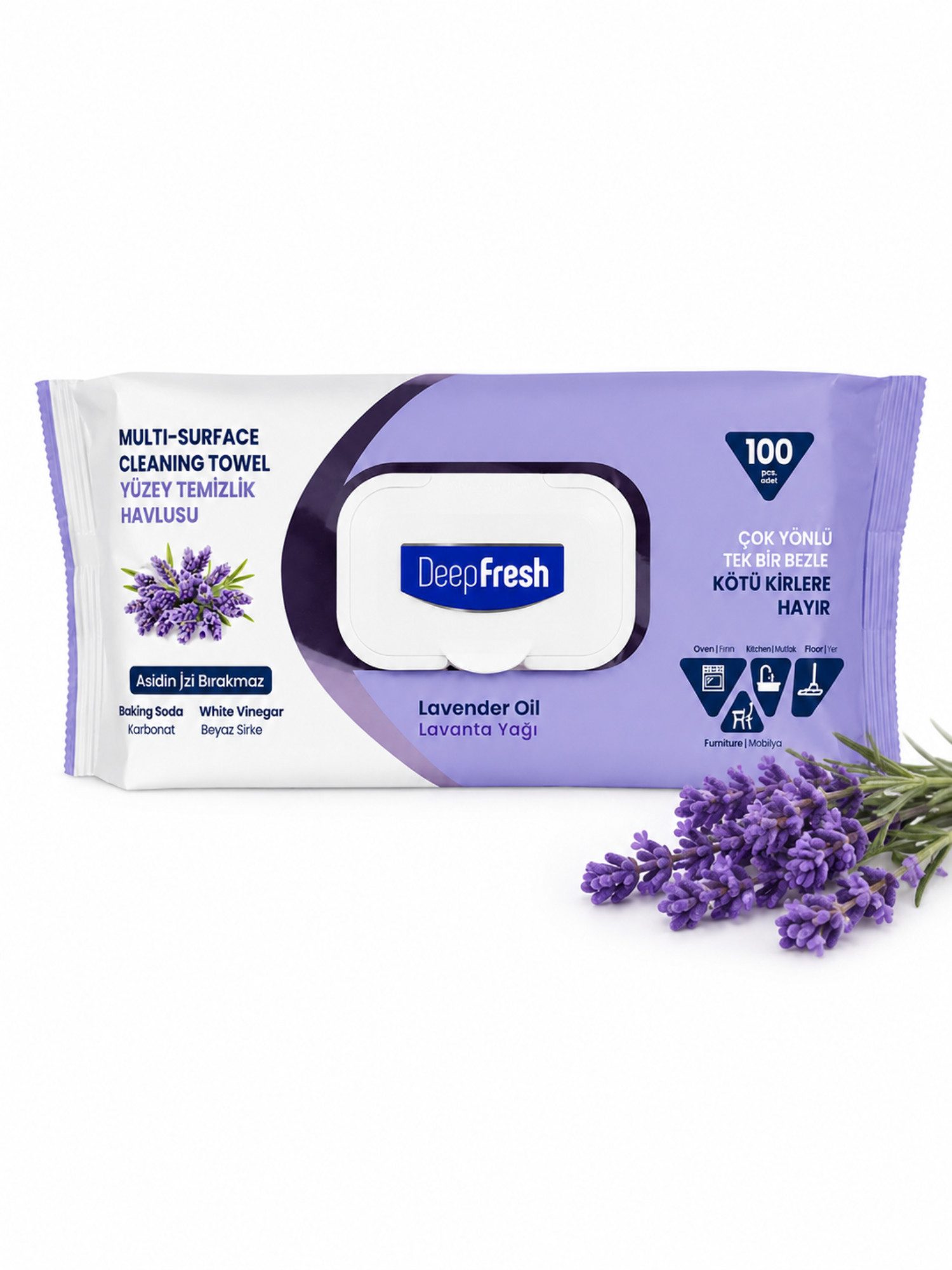 DeepFresh Multi-Surface Cleaning Towels Feuchte Reinigungstücher für Oberflächen Reinigungstuch (Lavender, 1-tlg., 1 Packung mit 100 Multi-Surface Reinigungstüchern, Streifenfreie Reinigung Vegan Animal Test Free Mit Baking Soda)