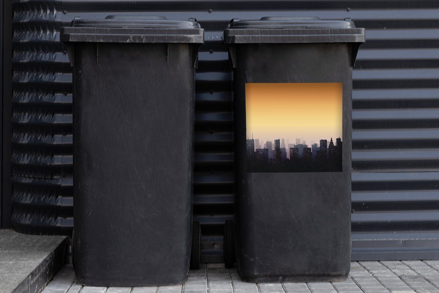 Dämmerung Container, MuchoWow Mülleimer-aufkleber, Mülltonne, Illustration Stadt Eine Sticker, St), (1 Wandsticker der bei Abfalbehälter einer Sonnenuntergang