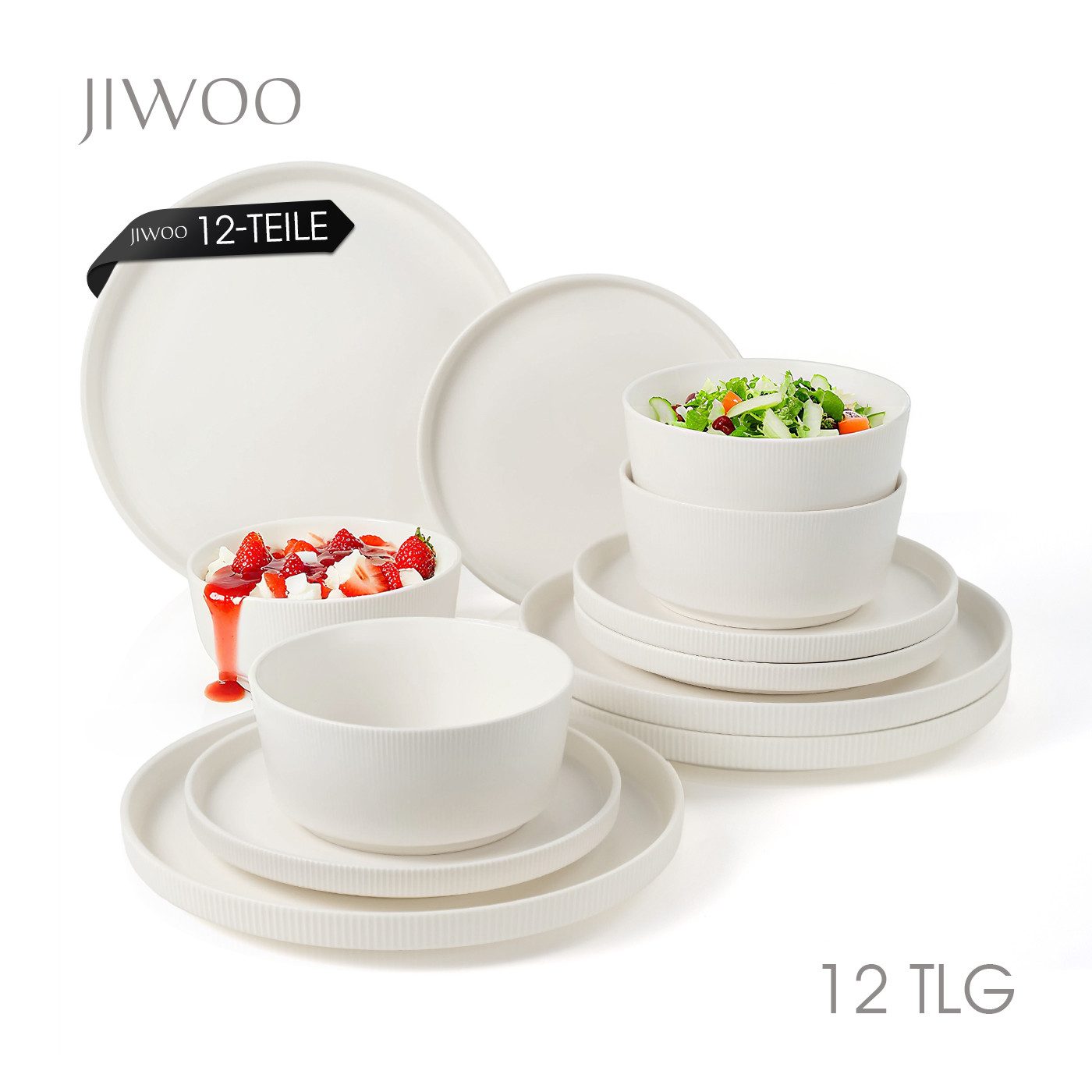 JIWOO Geschirr-Set 12tlg Kombiservice Teller-Set Tafelservice Schüssel-Set Speiseteller (12-tlg), 4 Personen, Keramik, Hochwertiges Geschirr set Weiß Mikrowellen spülmaschinenfest