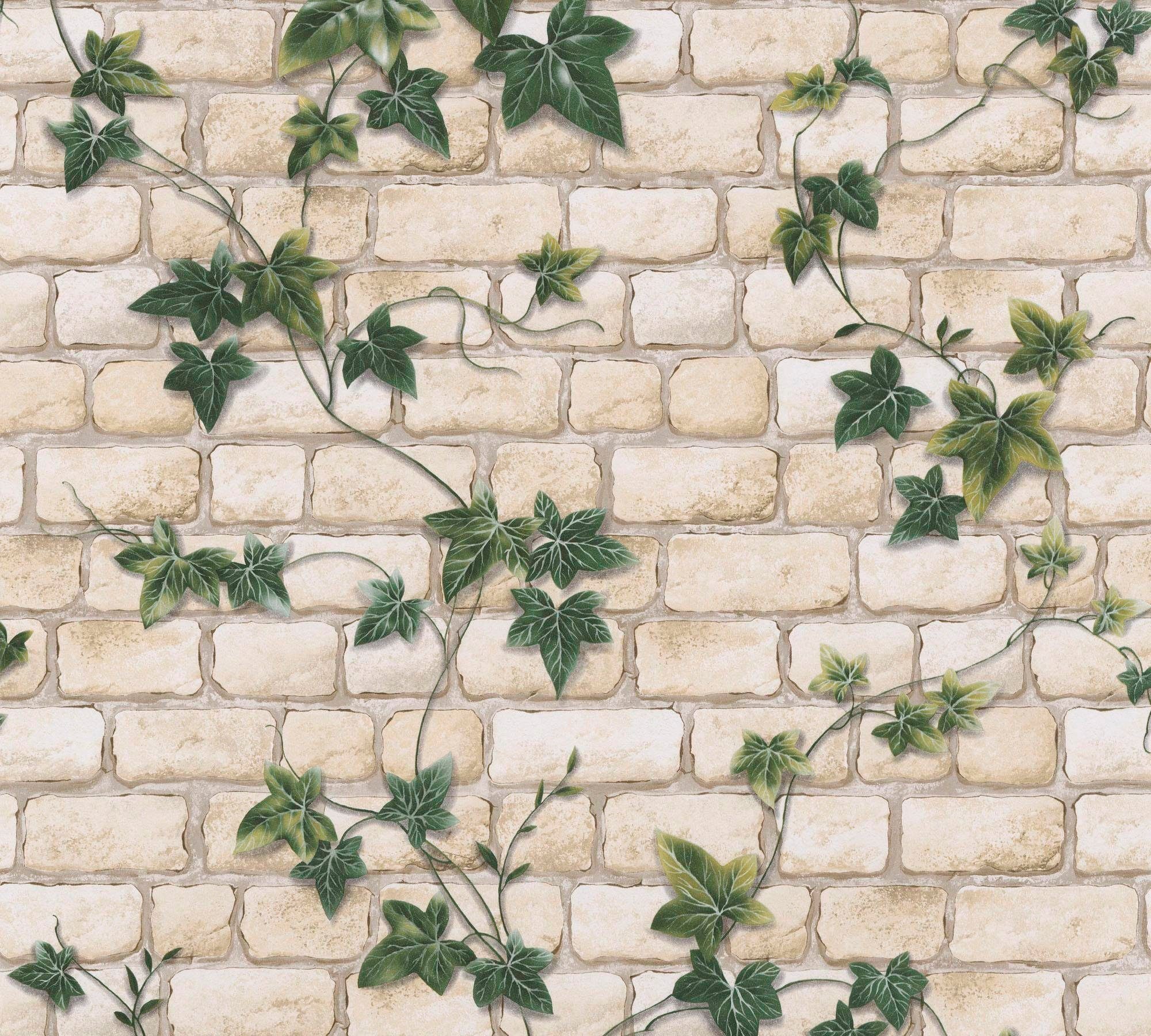 Bricoflor Steinwand Tapete mit Efeu Vintage Mauertapete in Creme und Grün a günstig online kaufen