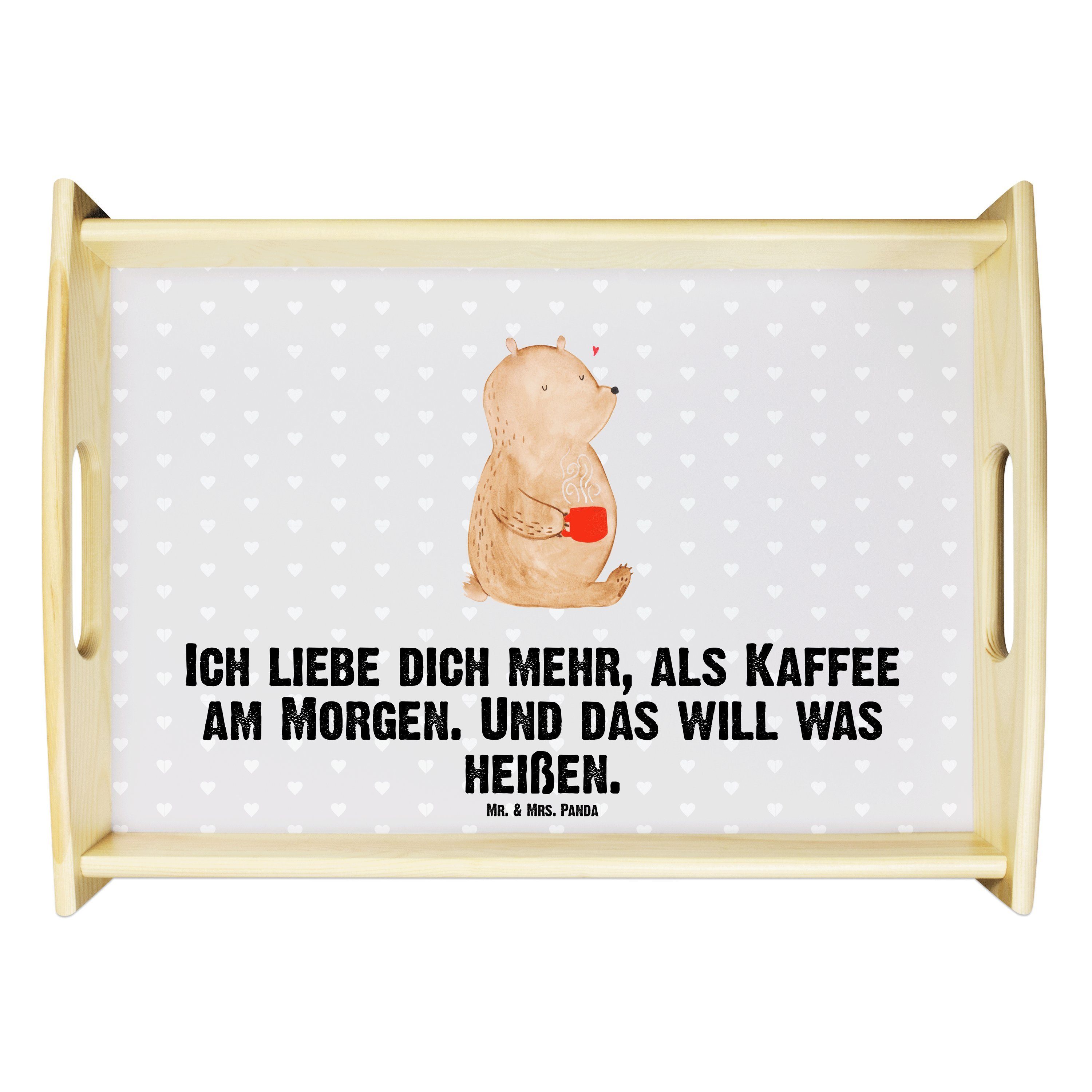 Mr. & Mrs. Panda Tablett Bär Morgenkaffee - Grau Pastell - Geschenk, Freund, Frühstückstablett, Echtholz lasiert, (1-tlg)