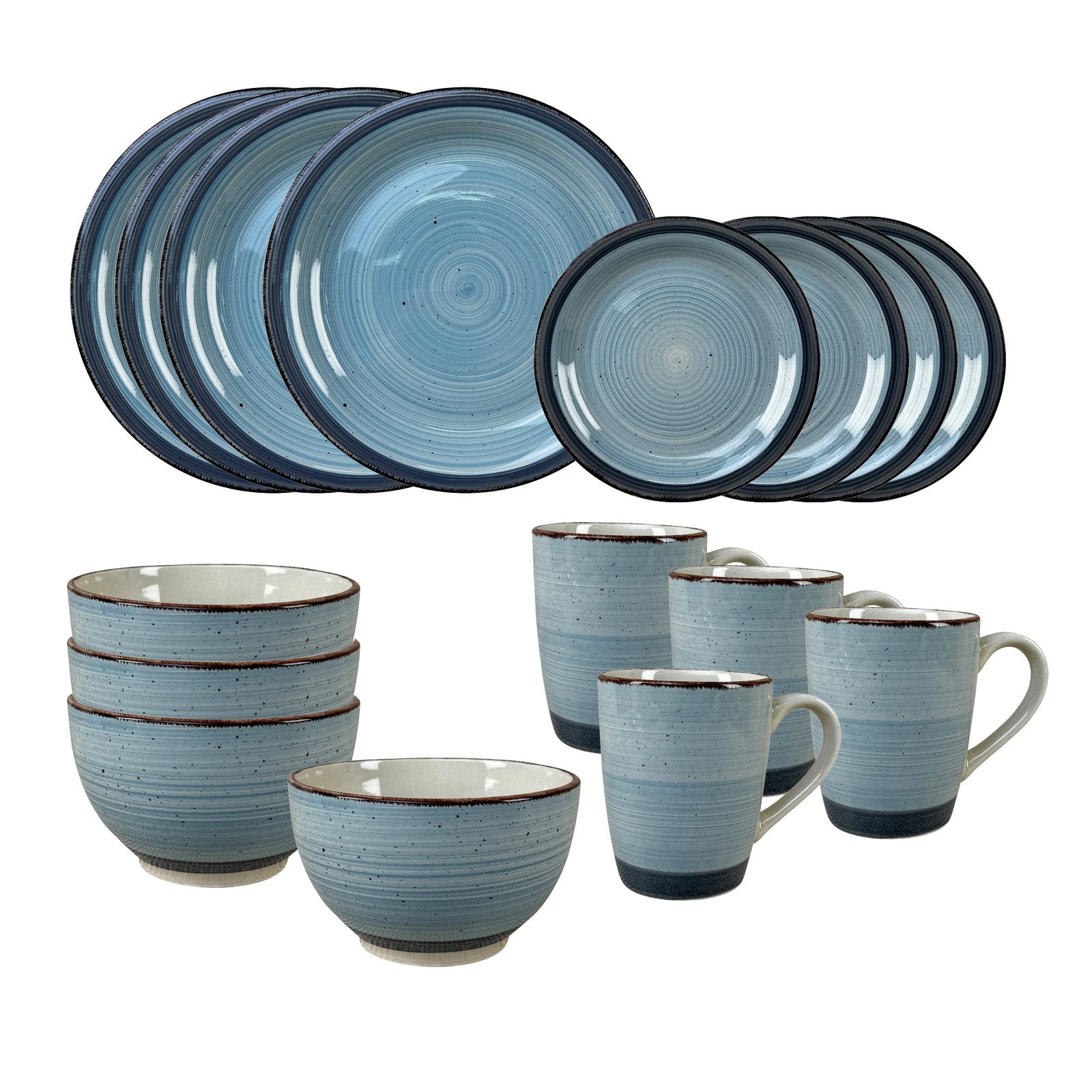 NTK-Collection Frühstücks-Geschirrset Geschirrset 16-teilig blau Antonia (16-tlg), 4 Personen, Keramik, Tafelservice Frühstücksset