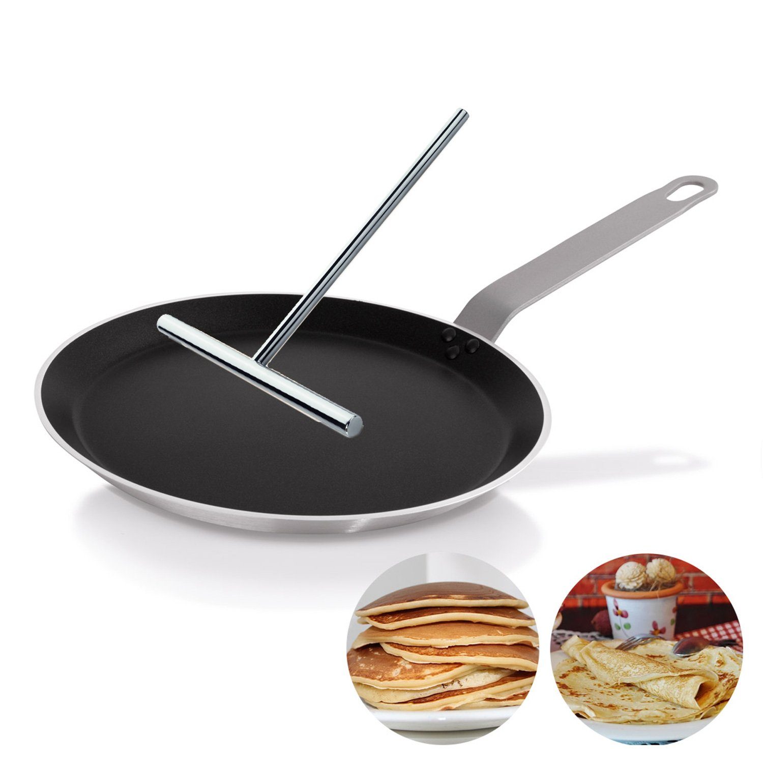 GAUMENKICK Crêpepfanne Crepes SET Pfanne Teigverteiler, Aluminium Eisen/Alu 29cm Antihaftbeschichtung