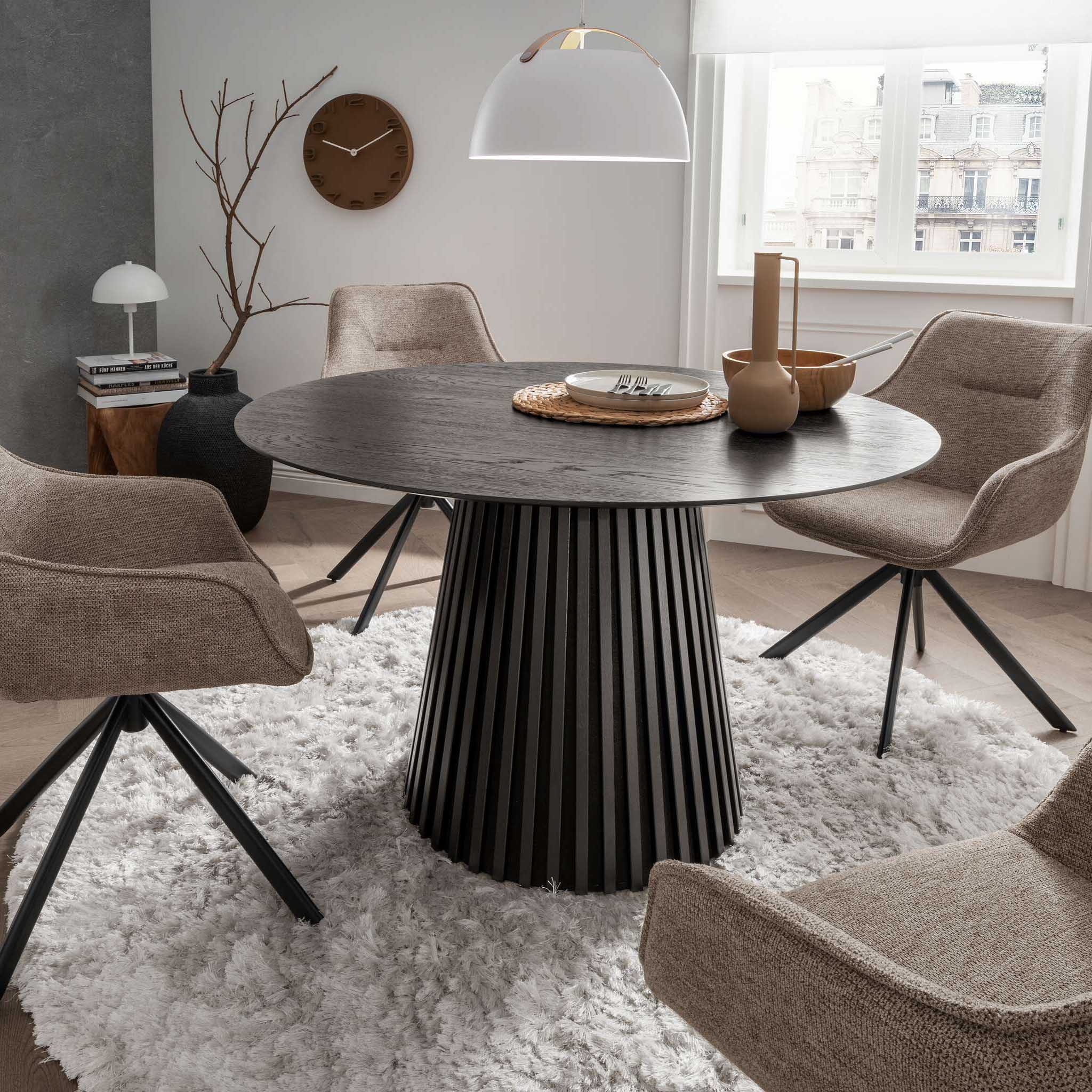 bene living Esszimmer-Set Diningtisch Andria rund und 4er Set Diningsessel San Carlo hellbraun, (Indoor-Möbelset, 5-St), Eichenholz-Tischplatte - drehbare Diningsessel