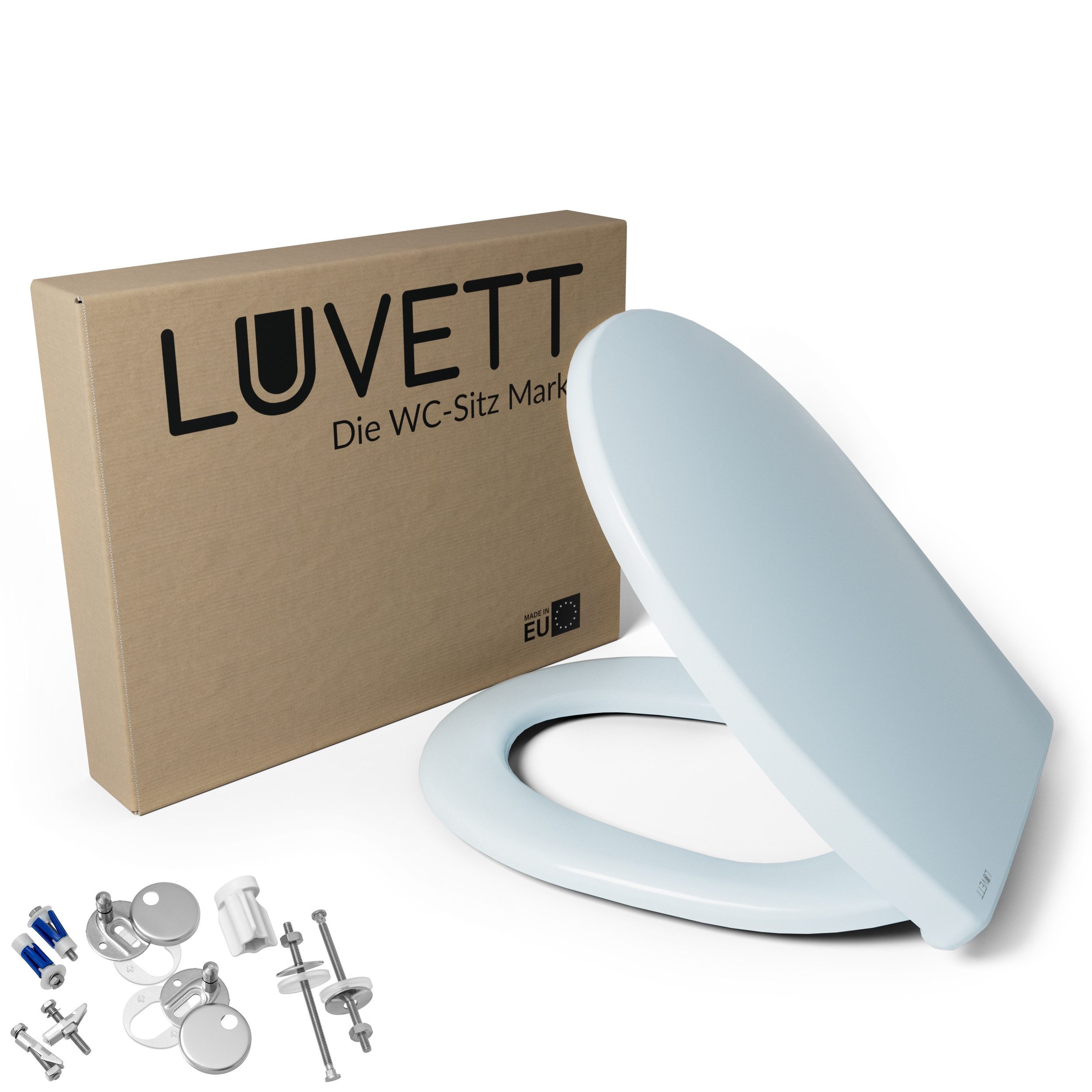 LUVETT WC-Sitz C100 mit Absenkautomatik, Duroplast sanitär, Universelle O-Form (Komplett-Set, Inklusive 3 Befestigungsarten), mit Original SoftClose® Absenkautomatik, Duroplast