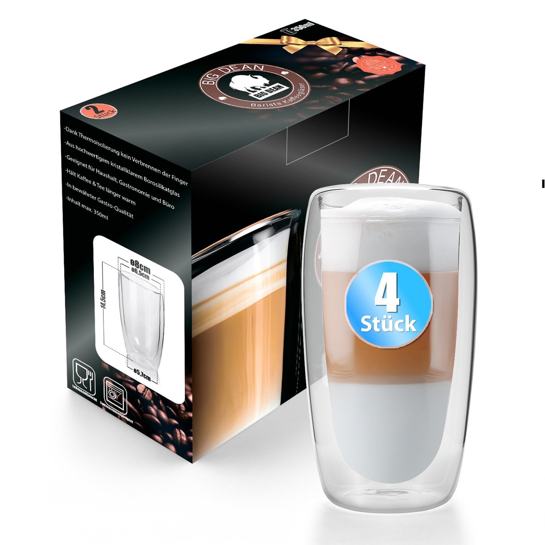 BigDean Latte-Macchiato-Glas 4 Stück hohe doppelwandige Latte Macchiato Gläser 350 ml, 4-tlg., Glas, Borosilikat Glas, Spülmaschinen Fest, Lebensmittelecht.