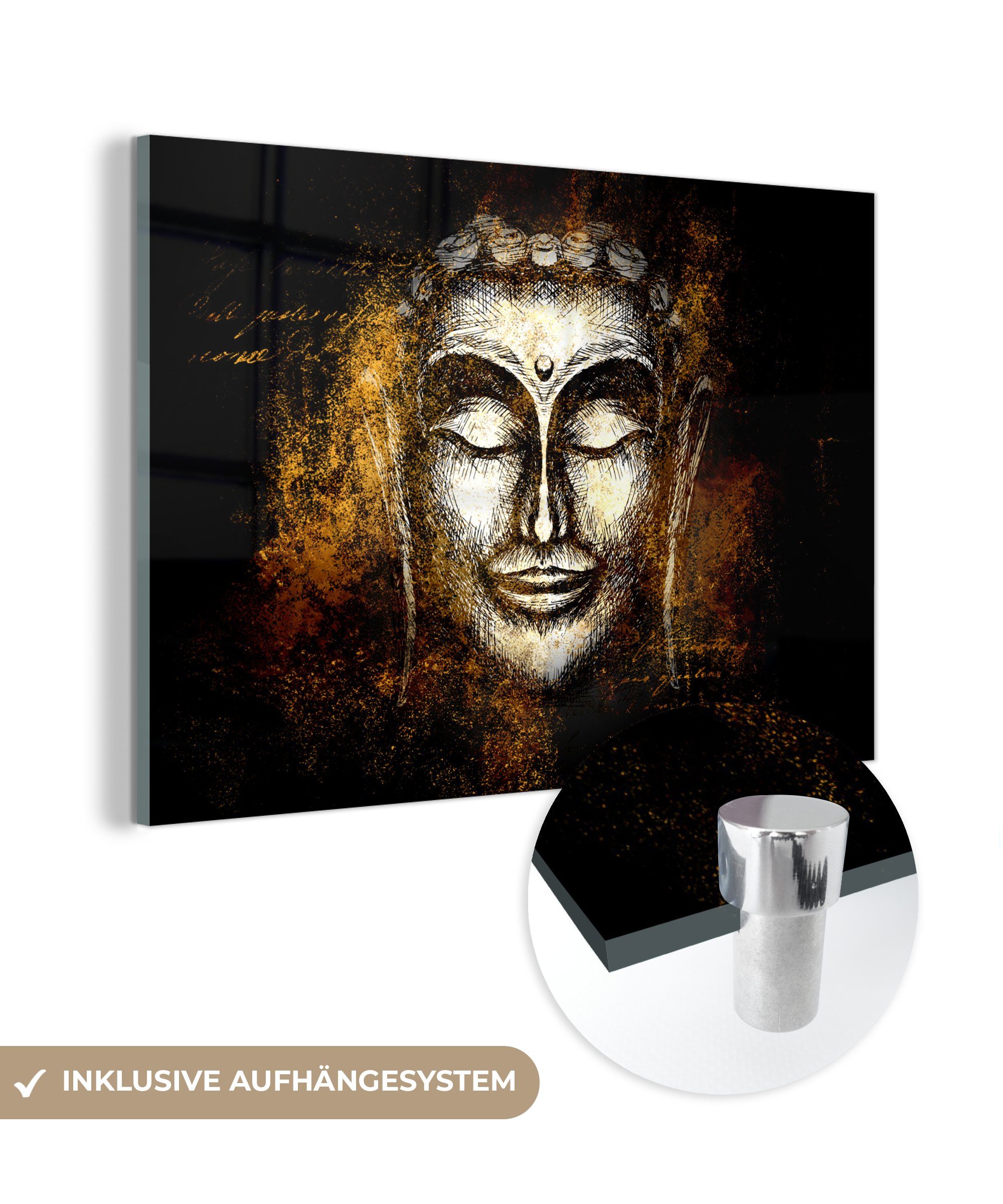 MuchoWow Acrylglasbild Buddha - Gesicht - Gold, (1 St), Acrylglasbilder Wohnzimmer & Schlafzimmer